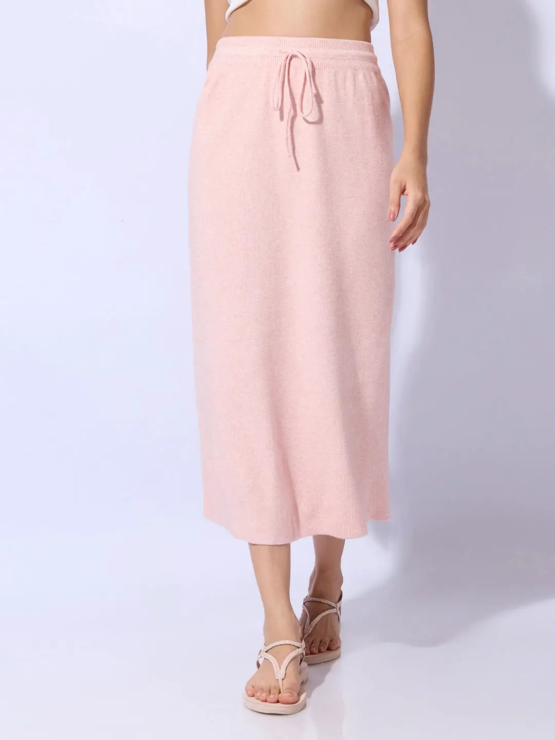 Women's Knitted Pink Straight Midi Skirt with Waist Tie-Up