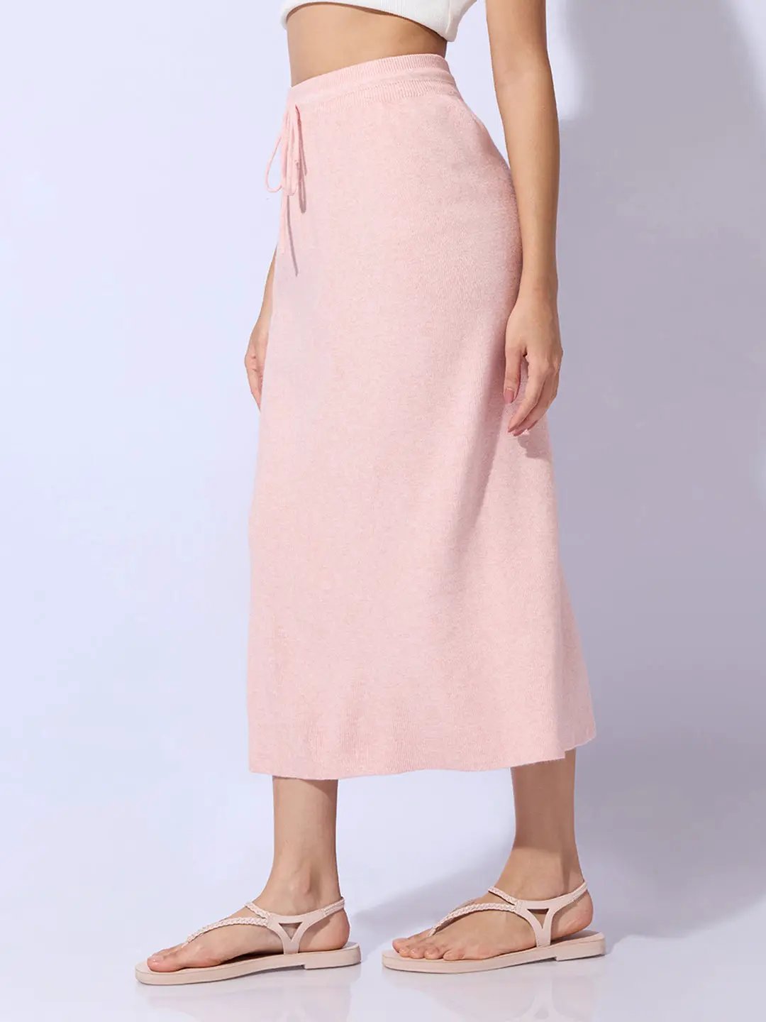 Women's Knitted Pink Straight Midi Skirt with Waist Tie-Up - Uncategorized from SHOWOFFFF