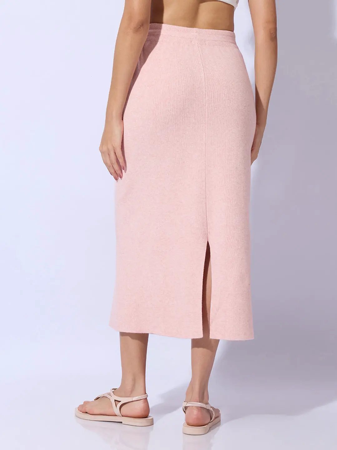 Women's Knitted Pink Straight Midi Skirt with Waist Tie-Up - Uncategorized from SHOWOFFFF