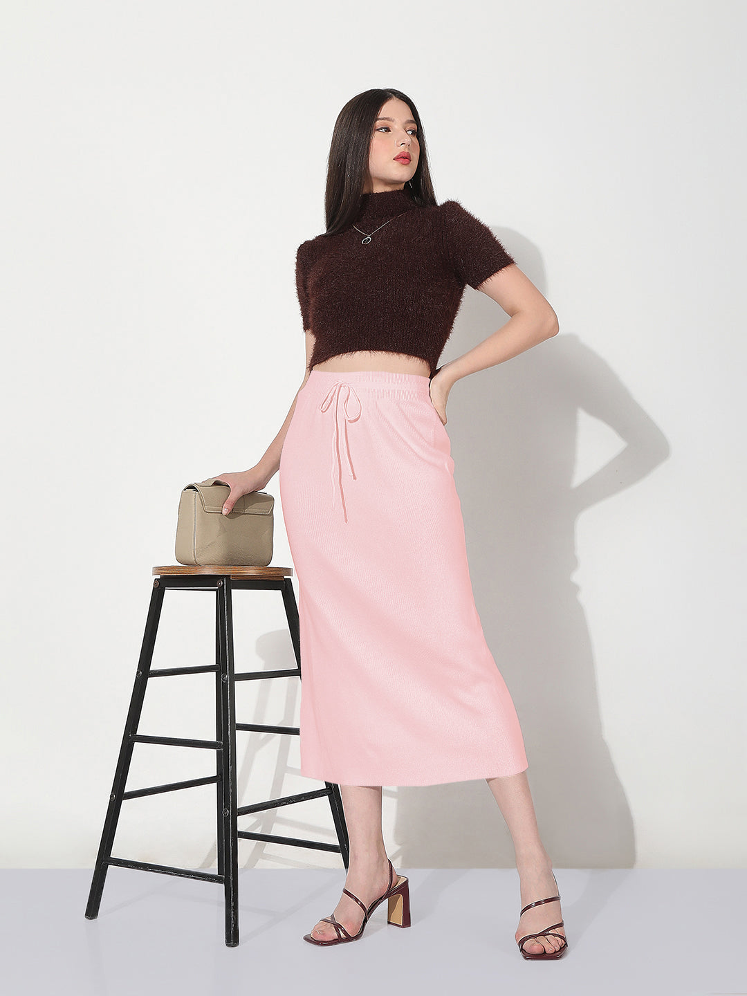 Women's Knitted Pink Straight Midi Skirt with Waist Tie-Up