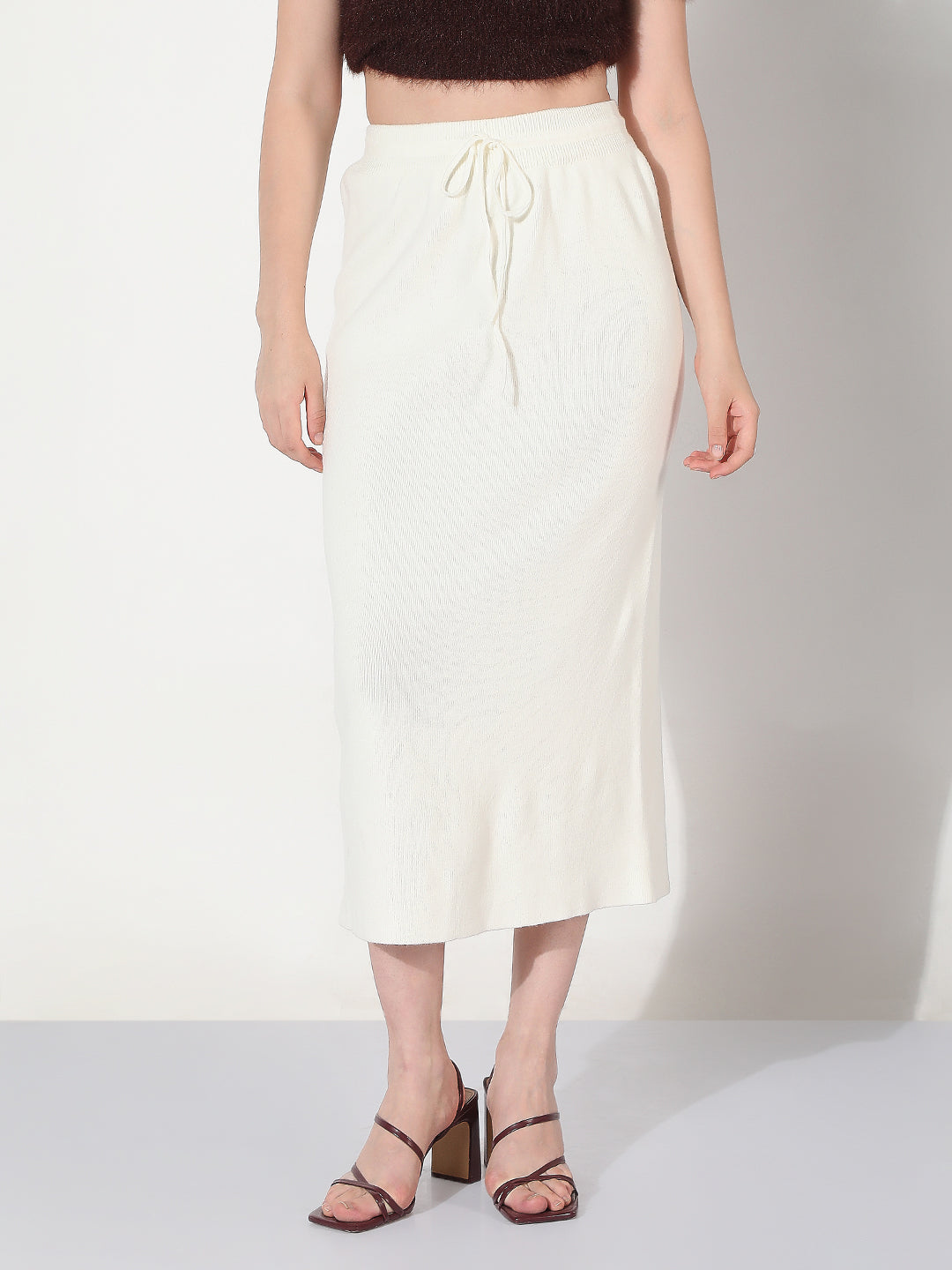 Women's Knitted White Straight Midi Skirt with Waist Tie-Up