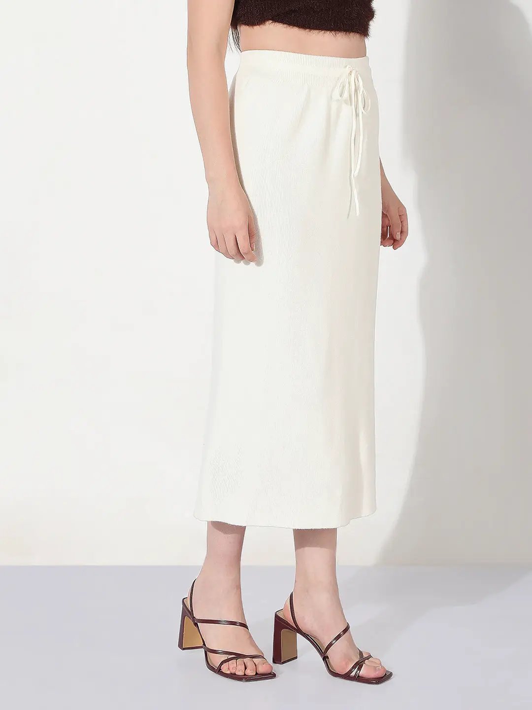 Shop Women's Knitted White Straight Midi Skirt with Waist Tie-Up