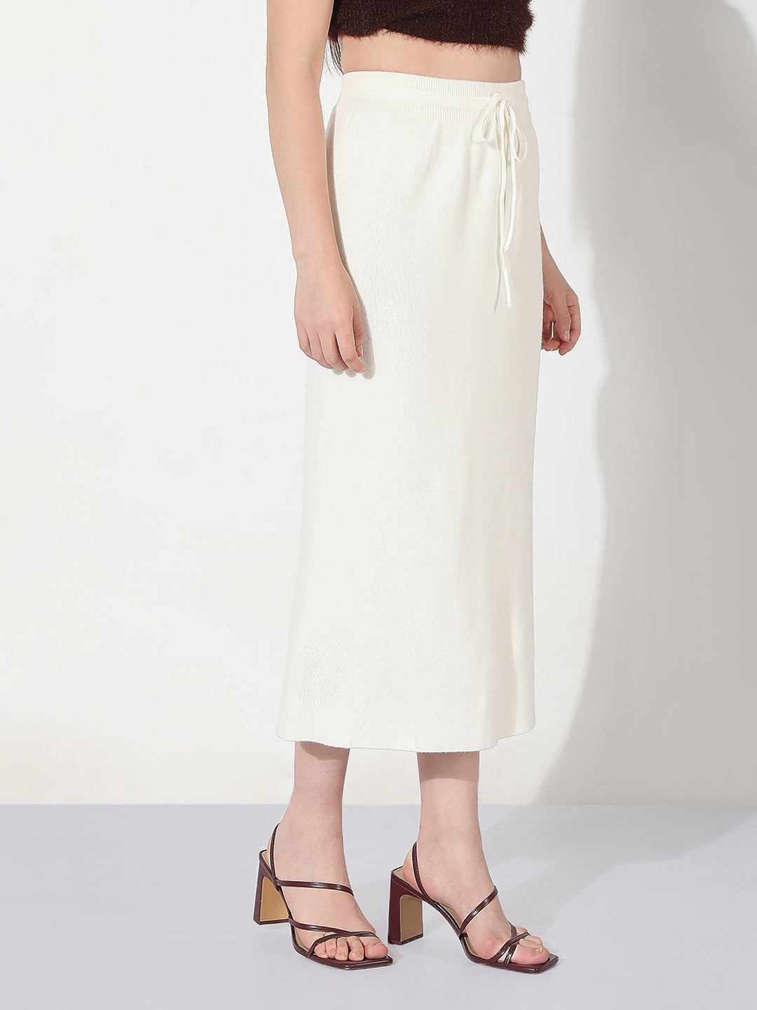 Women's Knitted White Straight Midi Skirt with Waist Tie-Up