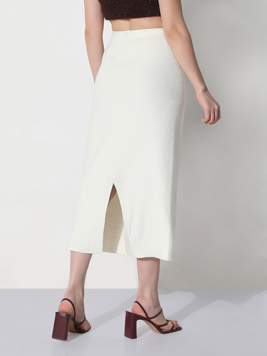 Women's Knitted White Straight Midi Skirt with Waist Tie-Up