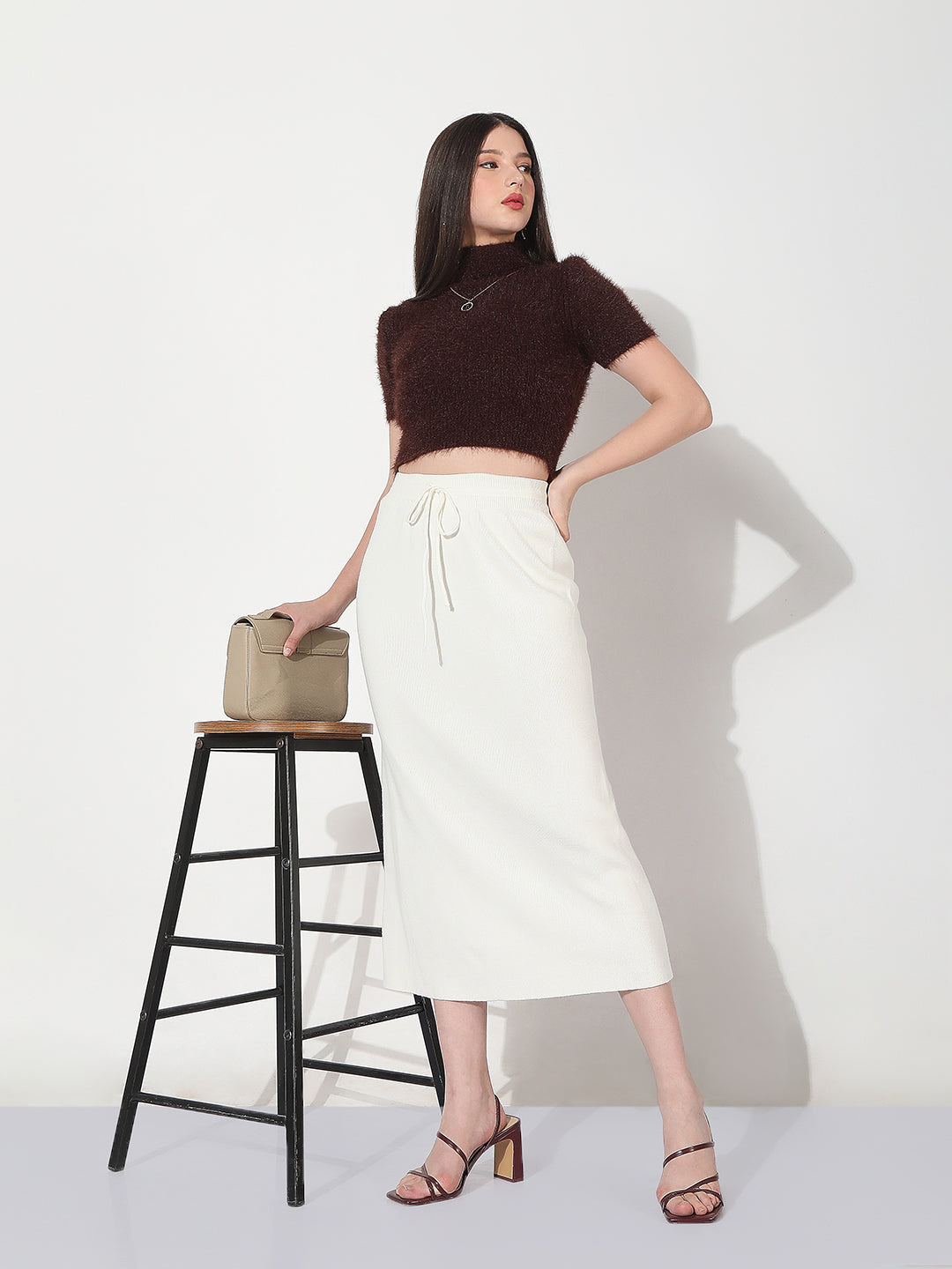 Women's Knitted White Straight Midi Skirt with Waist Tie-Up
