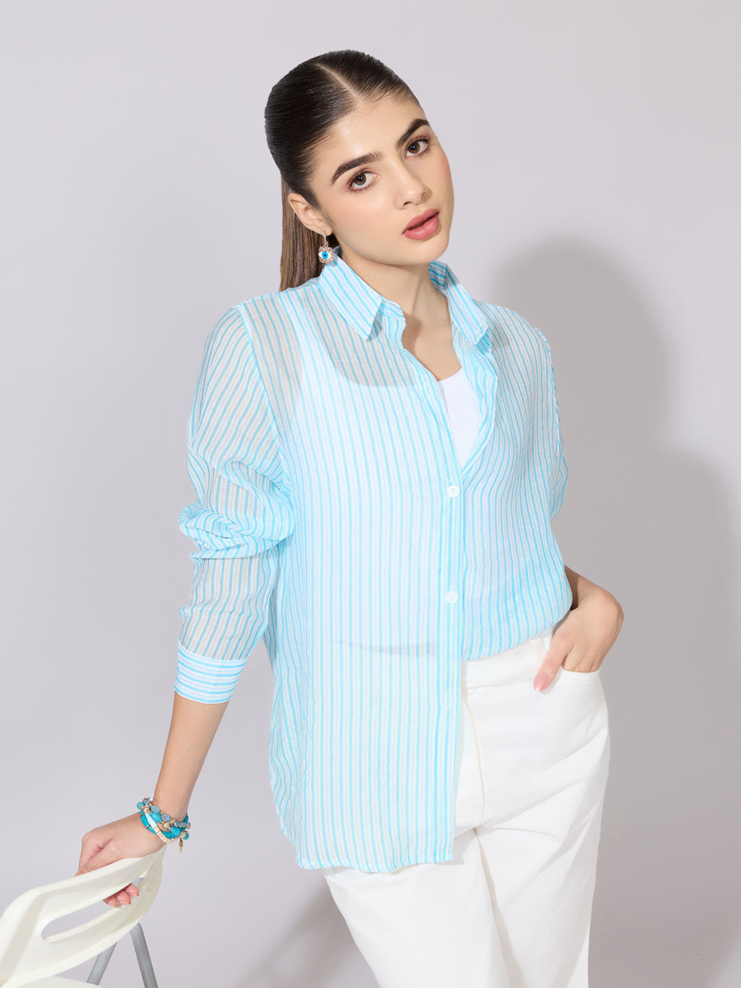 Women's Striped Blue Sheer Button-Down Shirt