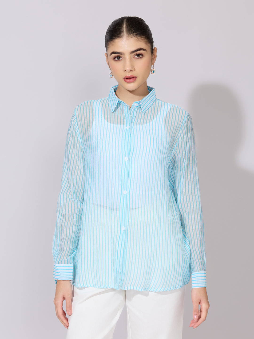 Women's Striped Blue Sheer Button-Down Shirt