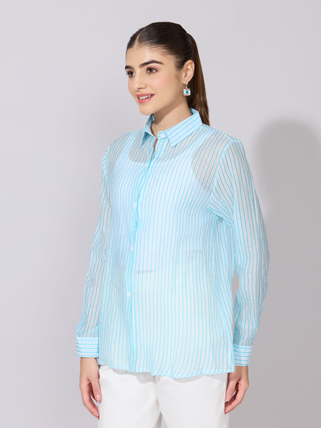 Women's Striped Blue Sheer Button-Down Shirt