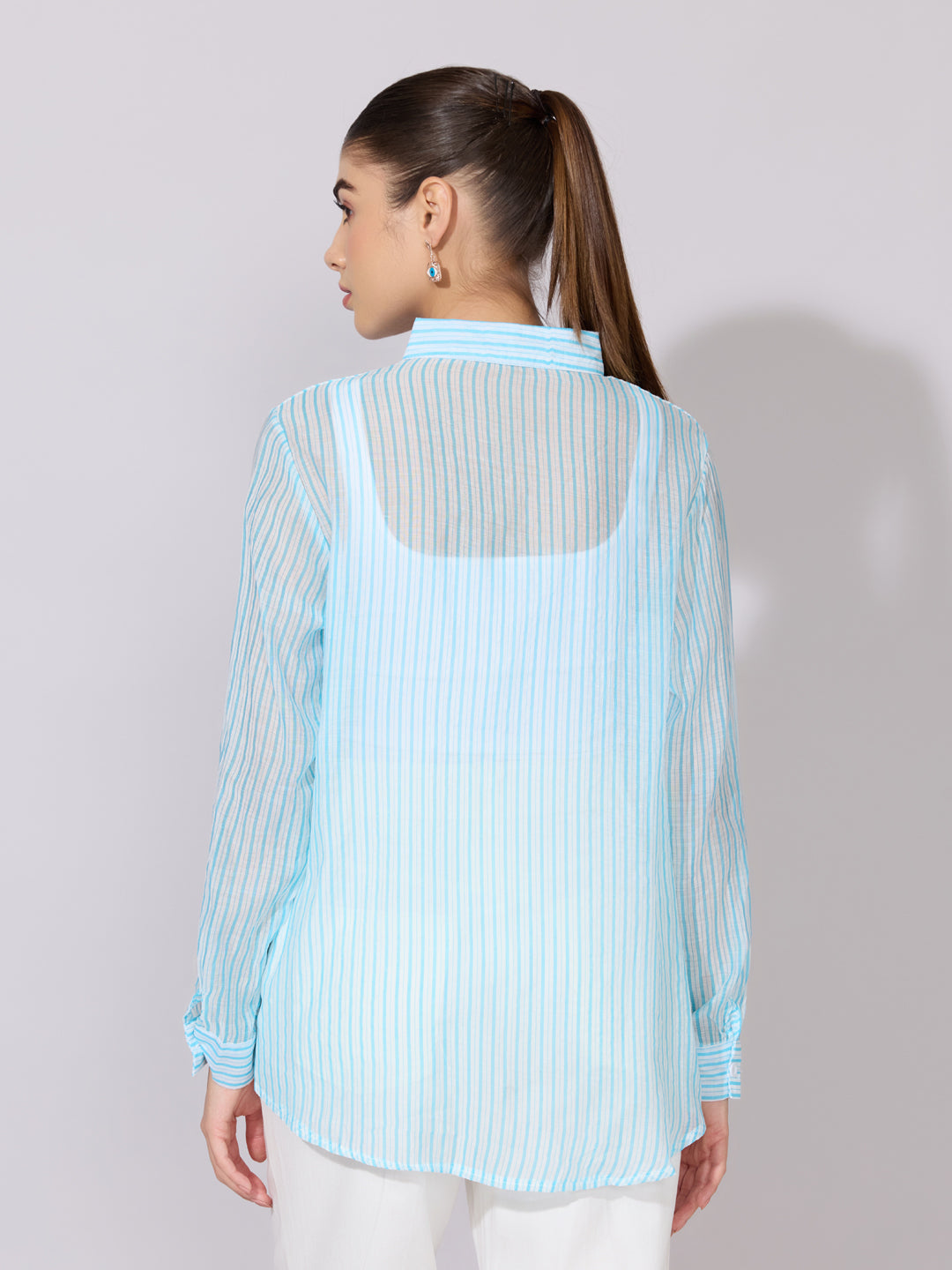 Women's Striped Blue Sheer Button-Down Shirt