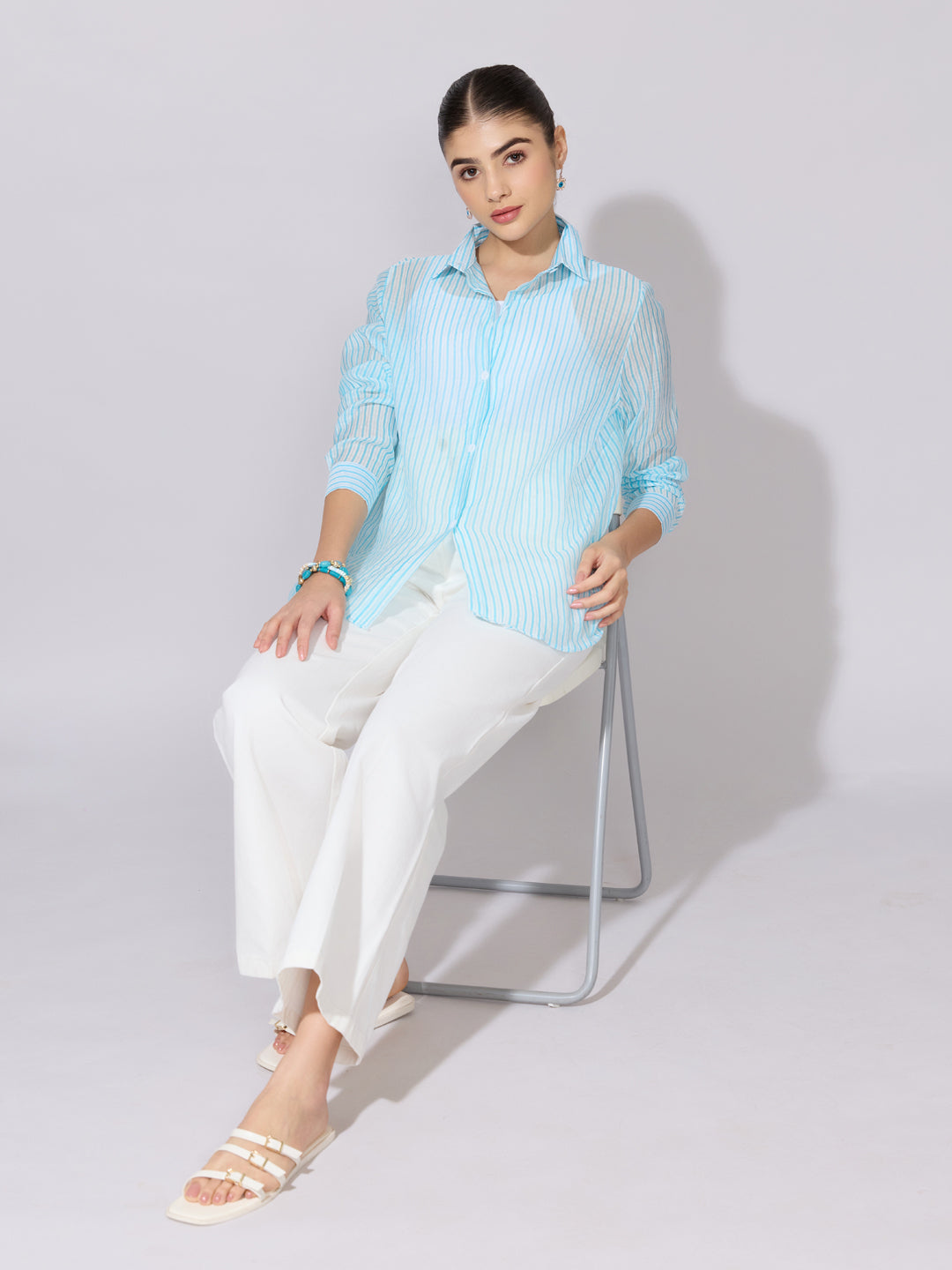 Women's Striped Blue Sheer Button-Down Shirt