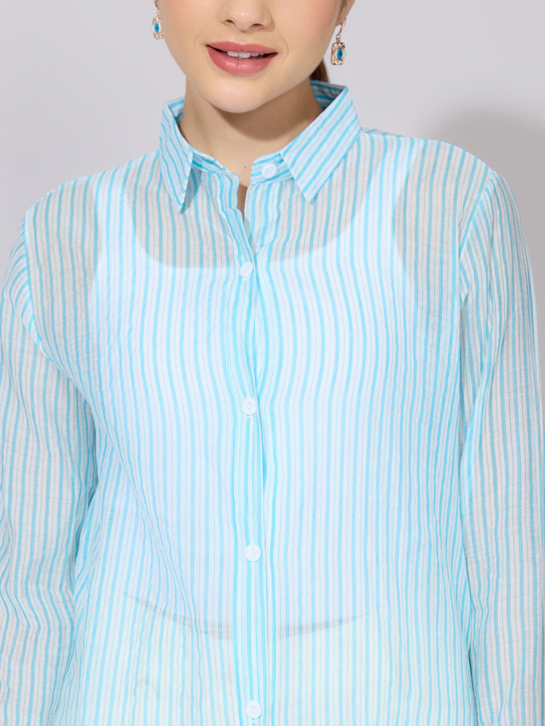 Women's Striped Blue Sheer Button-Down Shirt