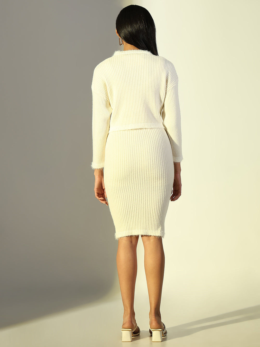 Women Cream Solid Bodycon Dress with Top