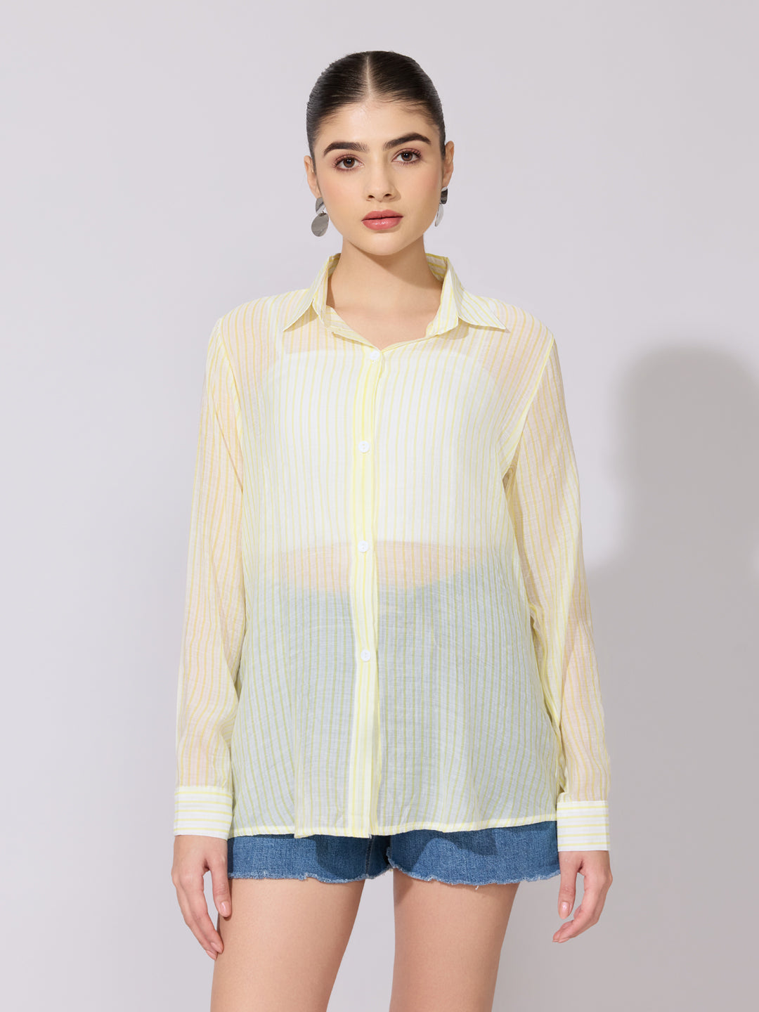 Women's Striped Yellow Sheer Button-Down Shirt