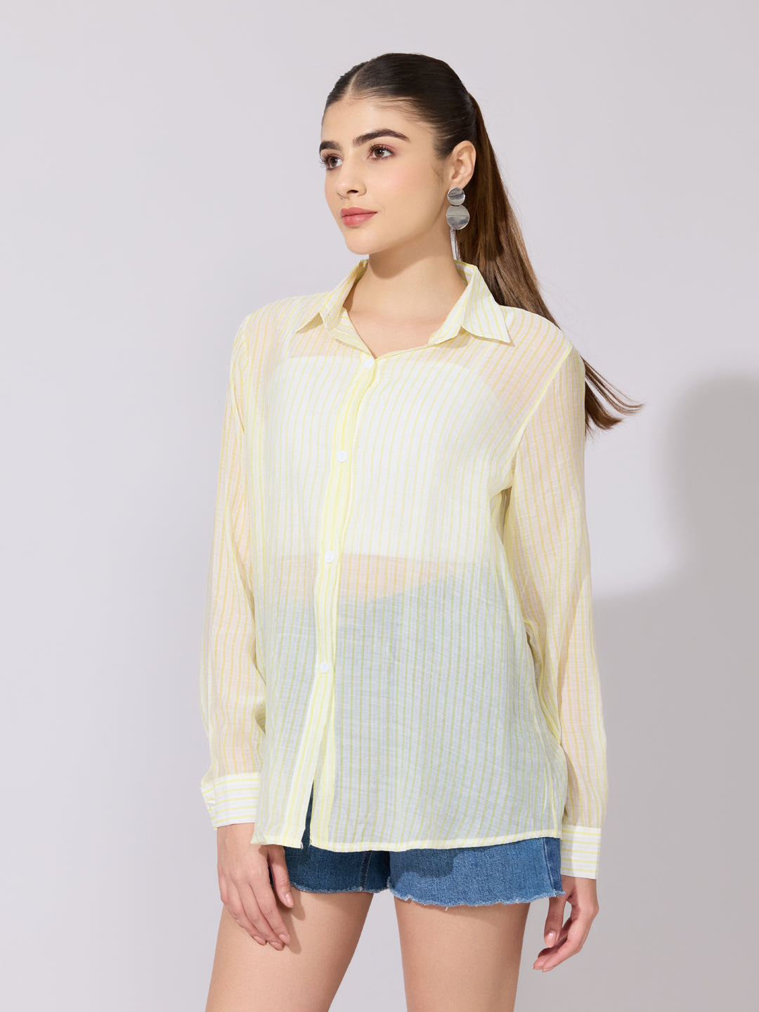 Women's Striped Yellow Sheer Button-Down Shirt