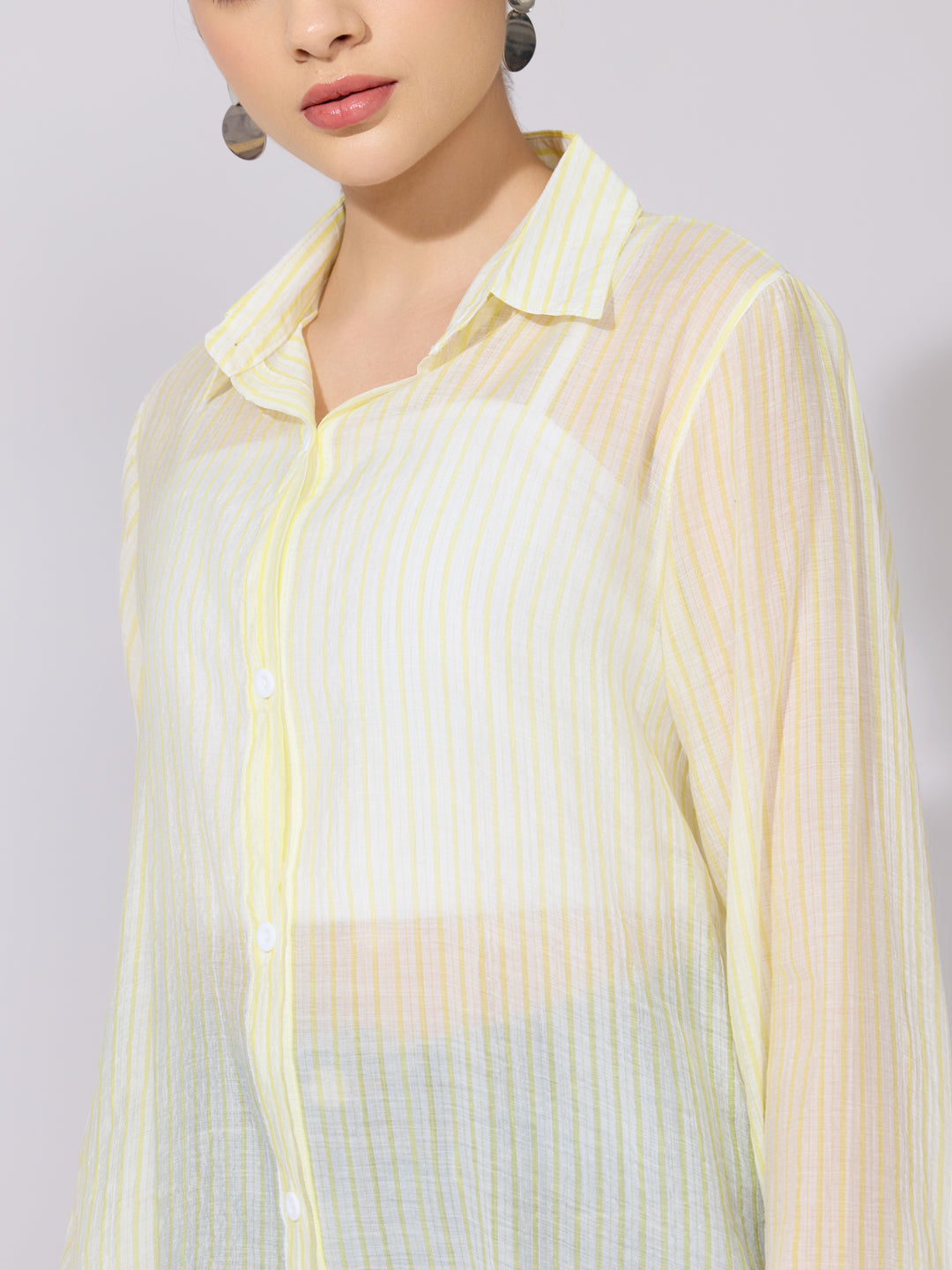 Women's Striped Yellow Sheer Button-Down Shirt