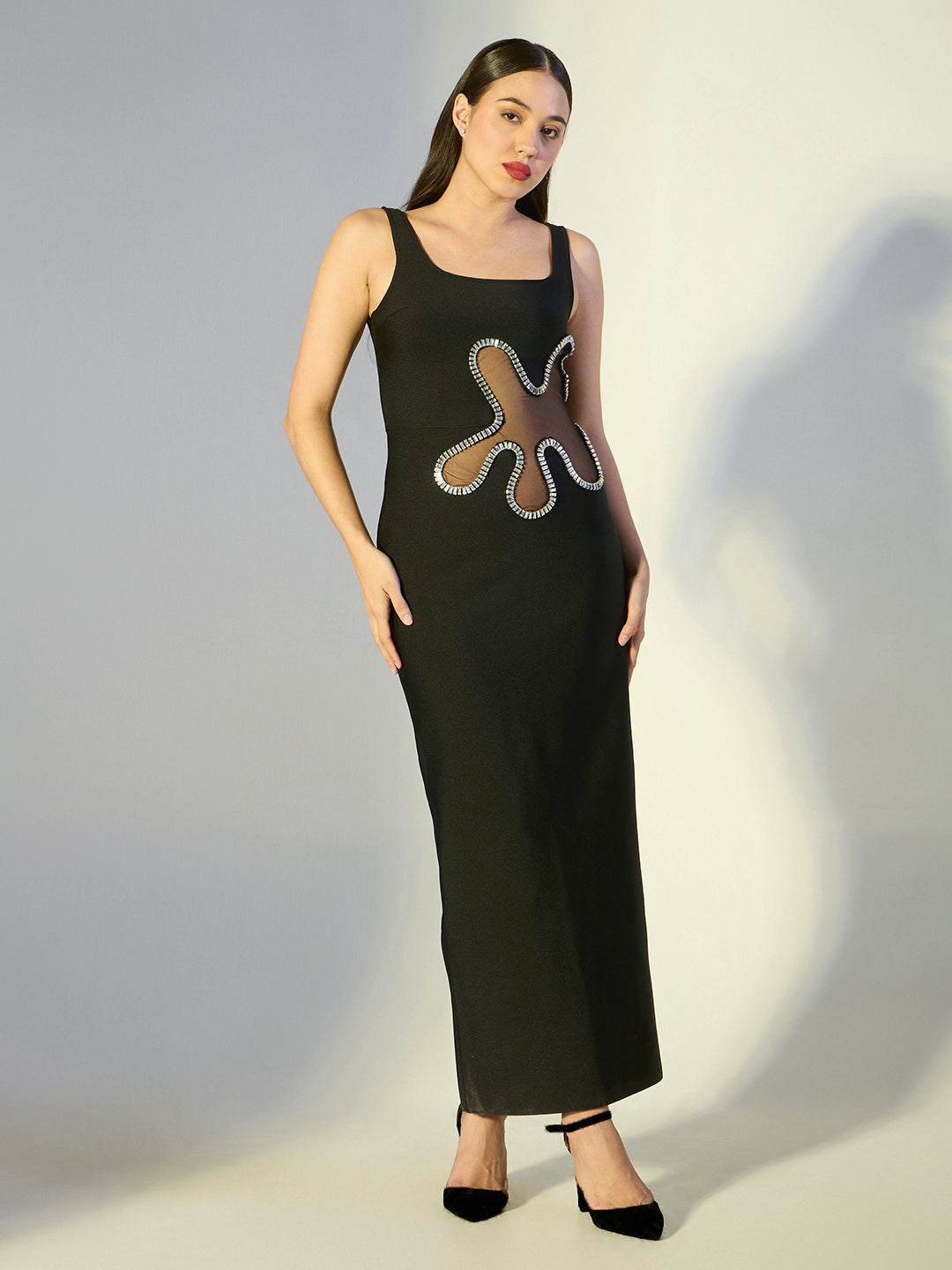 Women's Crystal Black Wave Cut-Out Maxi Dress