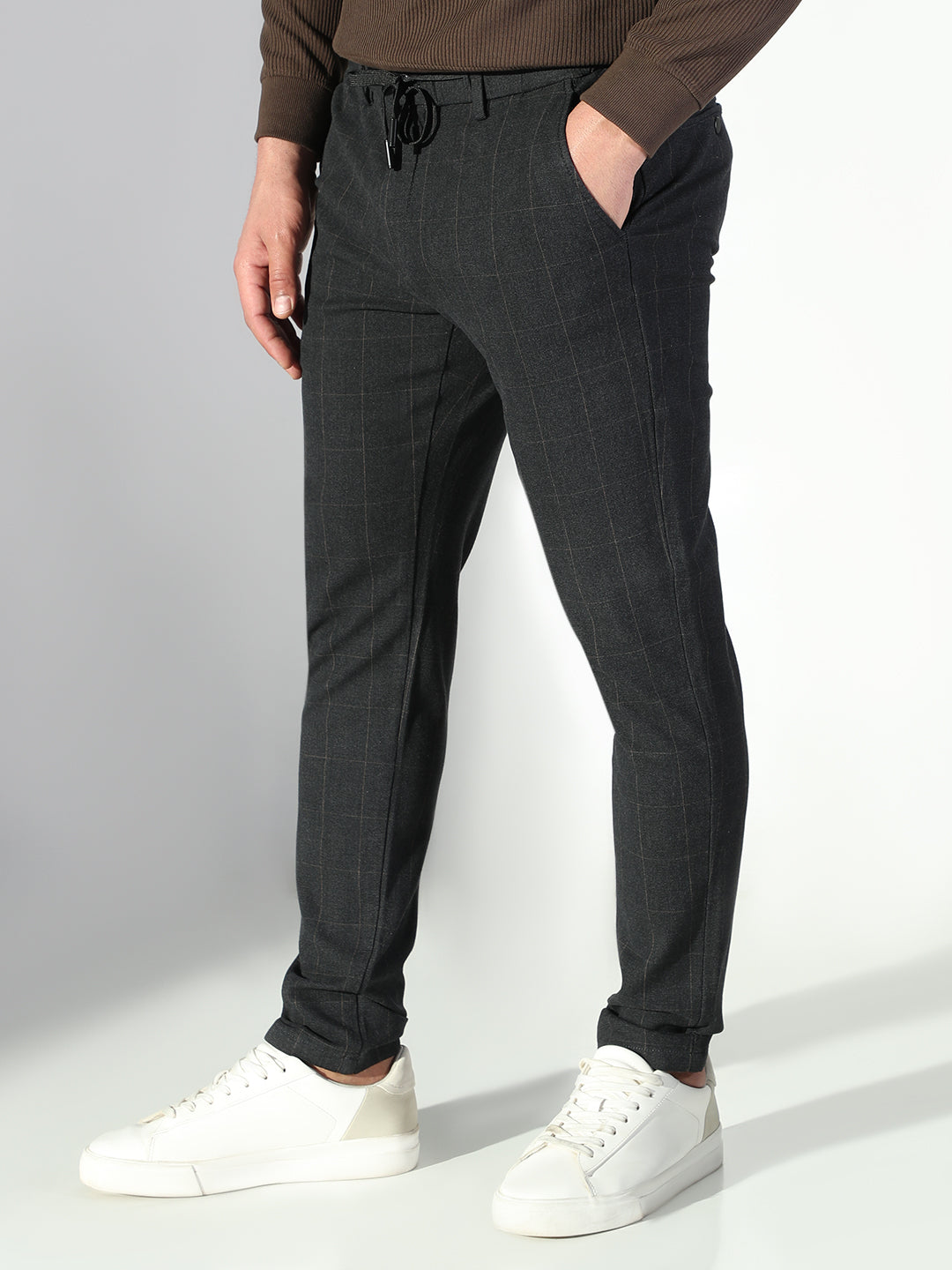 Men Black Checked Slim Fit Trousers