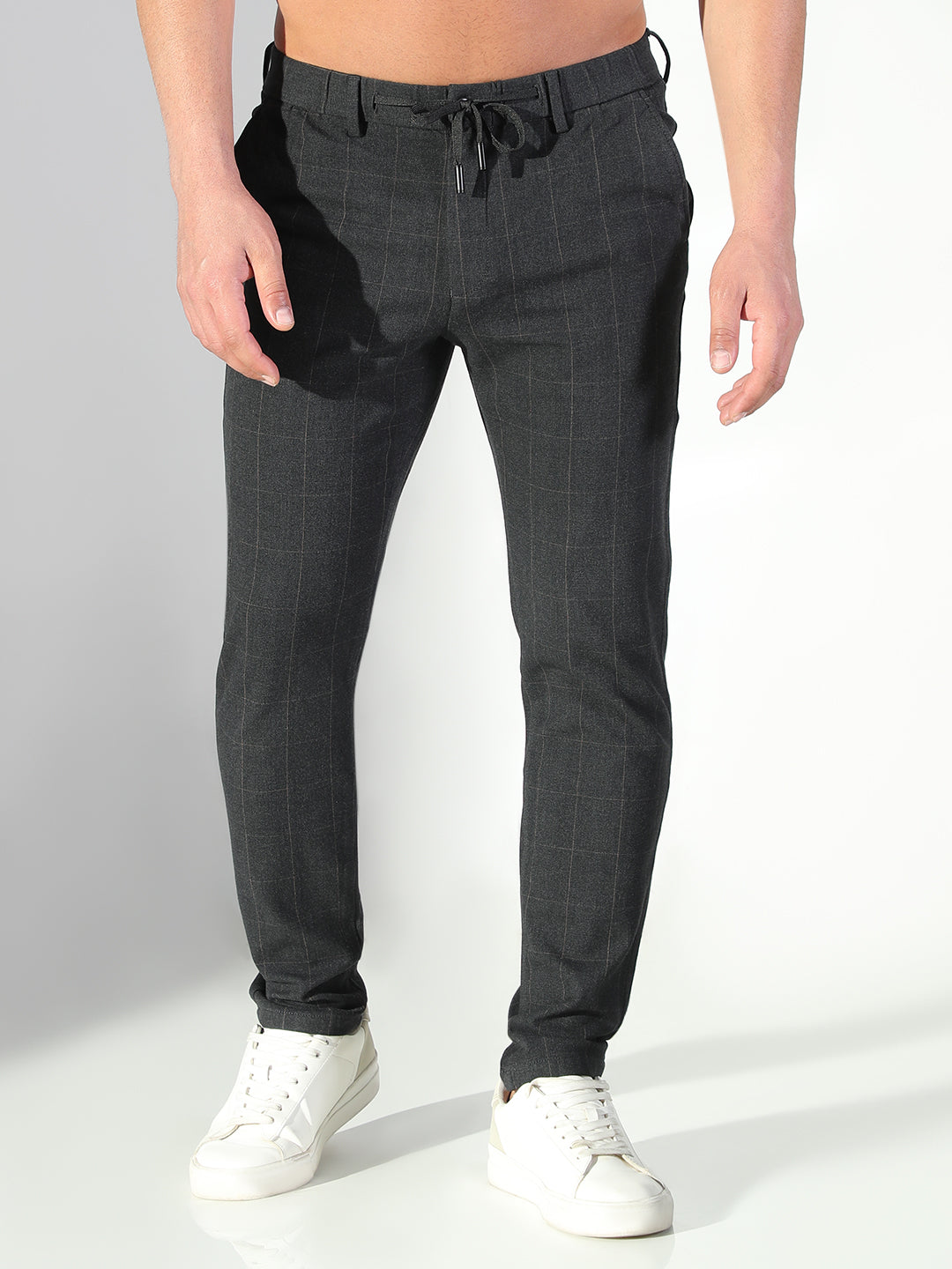 Men Black Checked Slim Fit Trousers