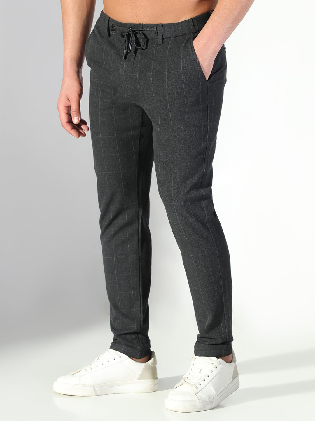 Men Black Checked Slim Fit Trousers