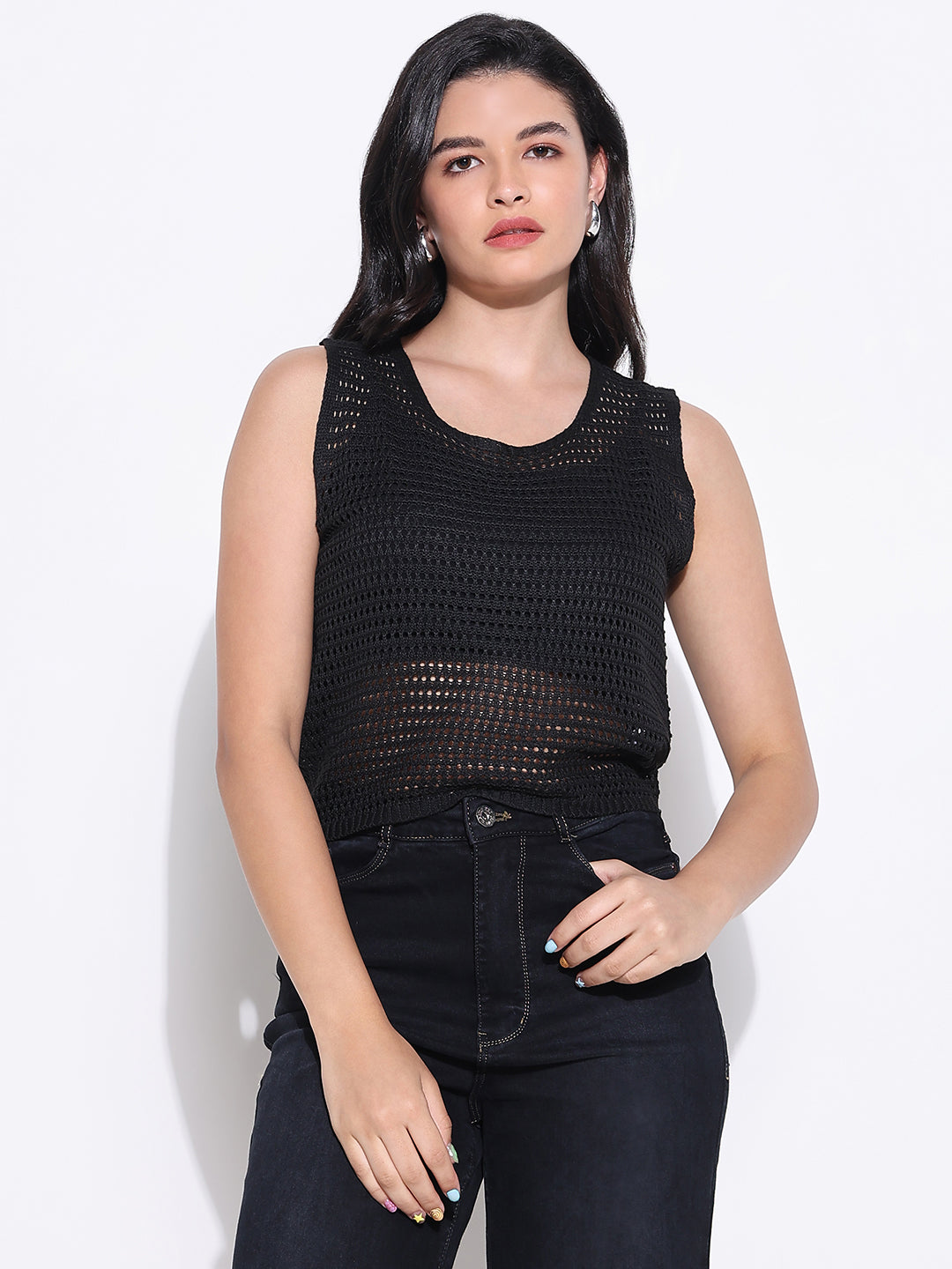 Women Black Solid Crochet Top