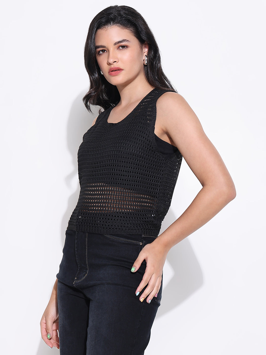 Women Black Solid Crochet Top