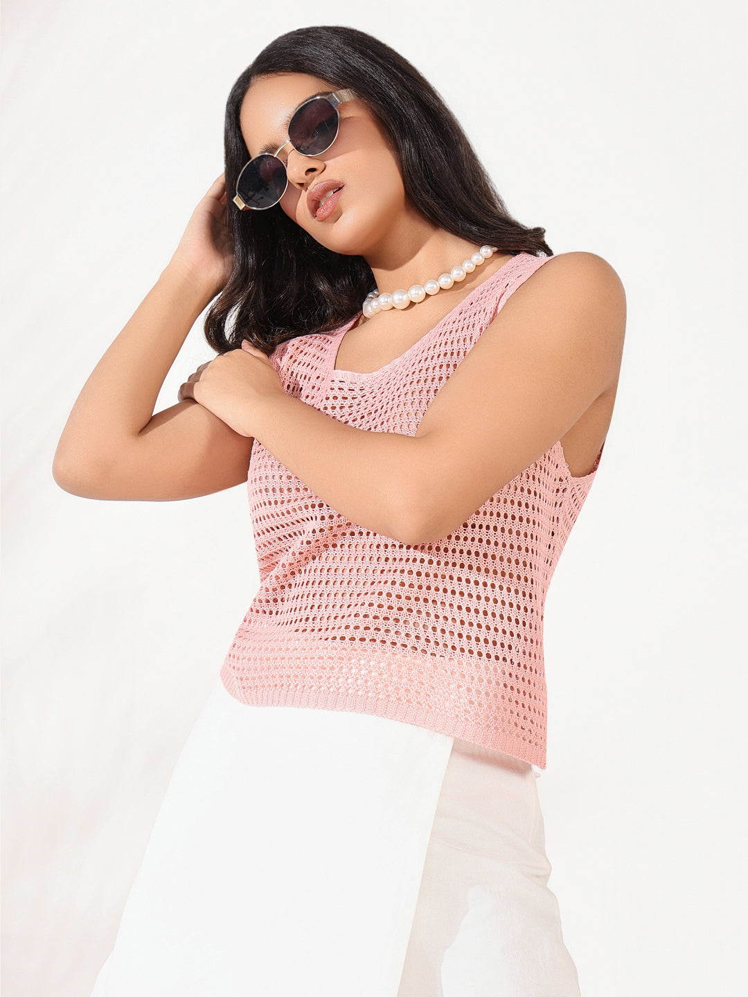 Women Pink Solid Crochet Top