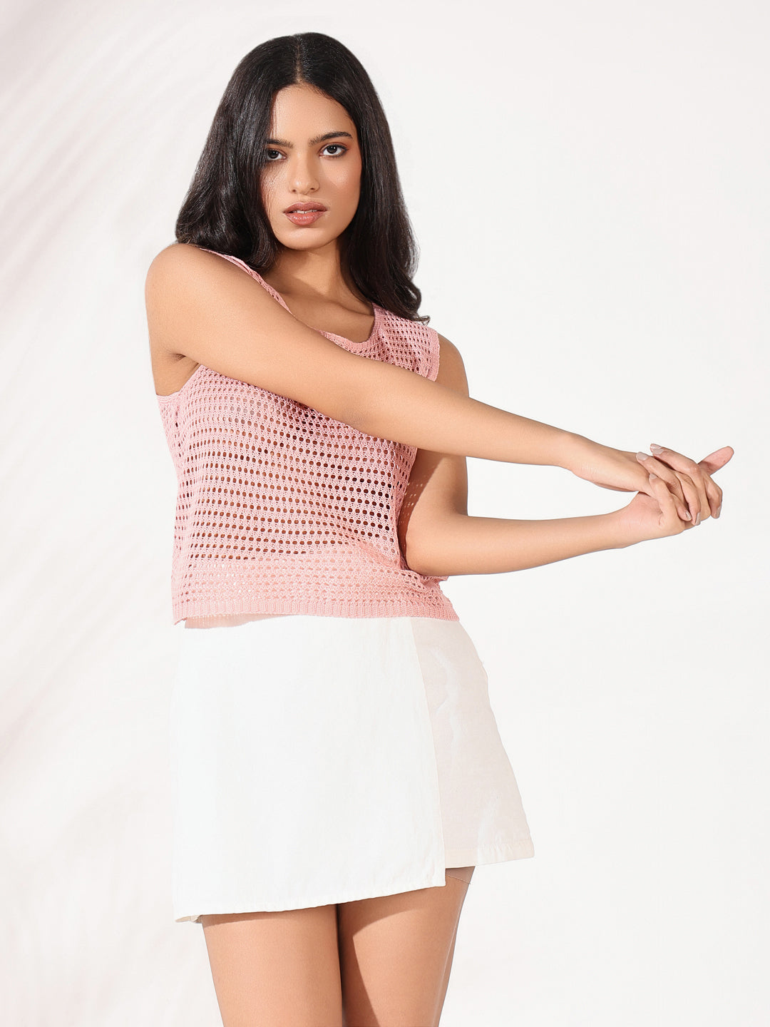 Women Pink Solid Crochet Top