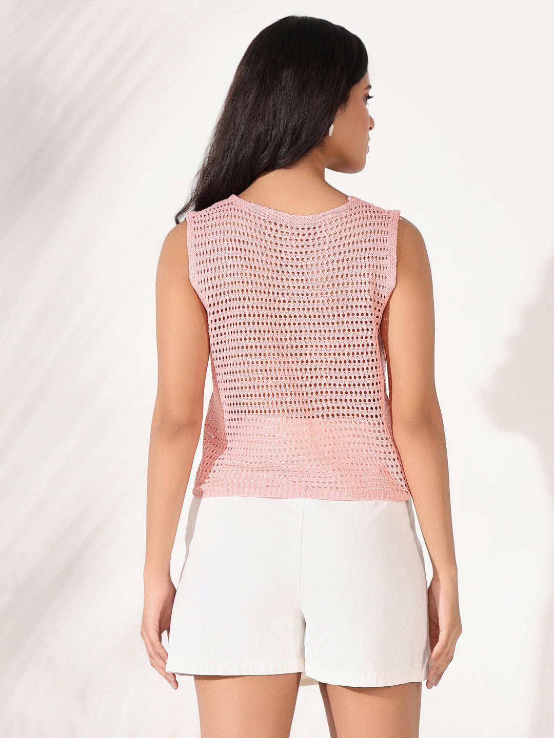 Women Pink Solid Crochet Top