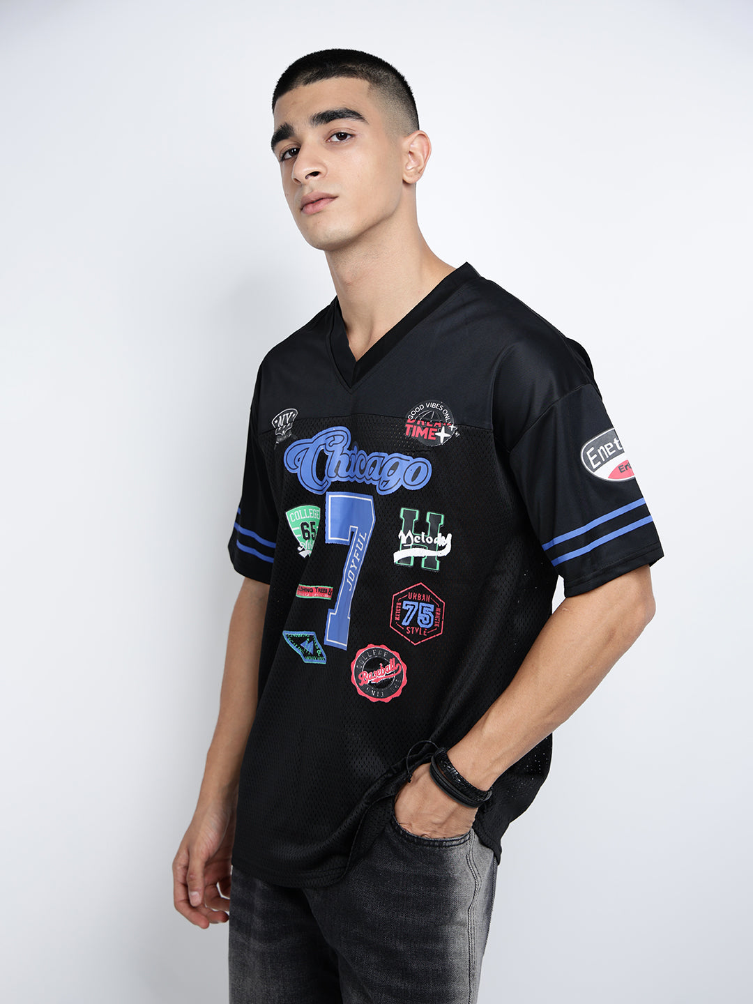 Men's Textured Black Mesh Baseball Jersey T-Shirt