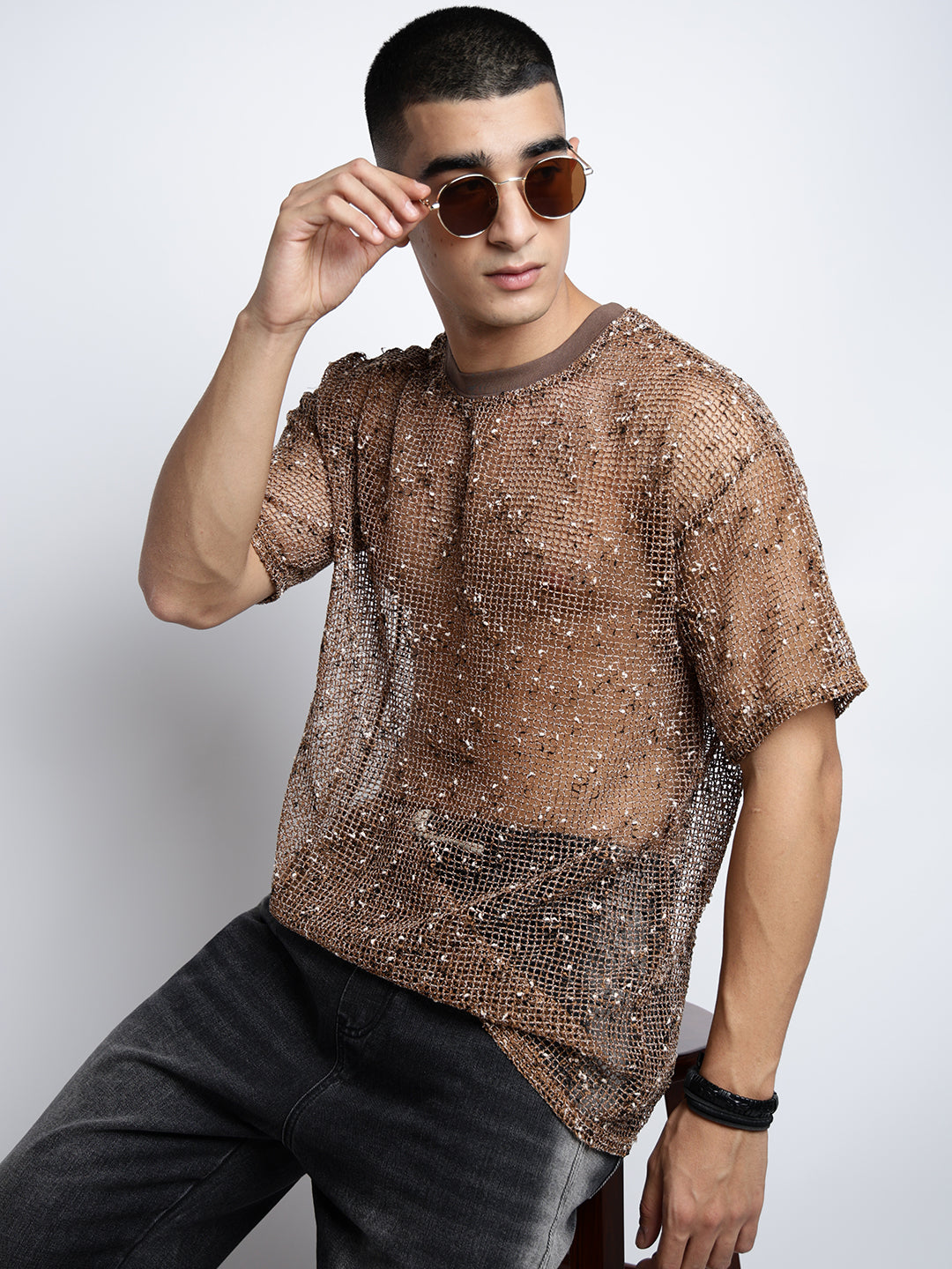 Men’s Brown Sheer Round Neck Mesh T-Shirt