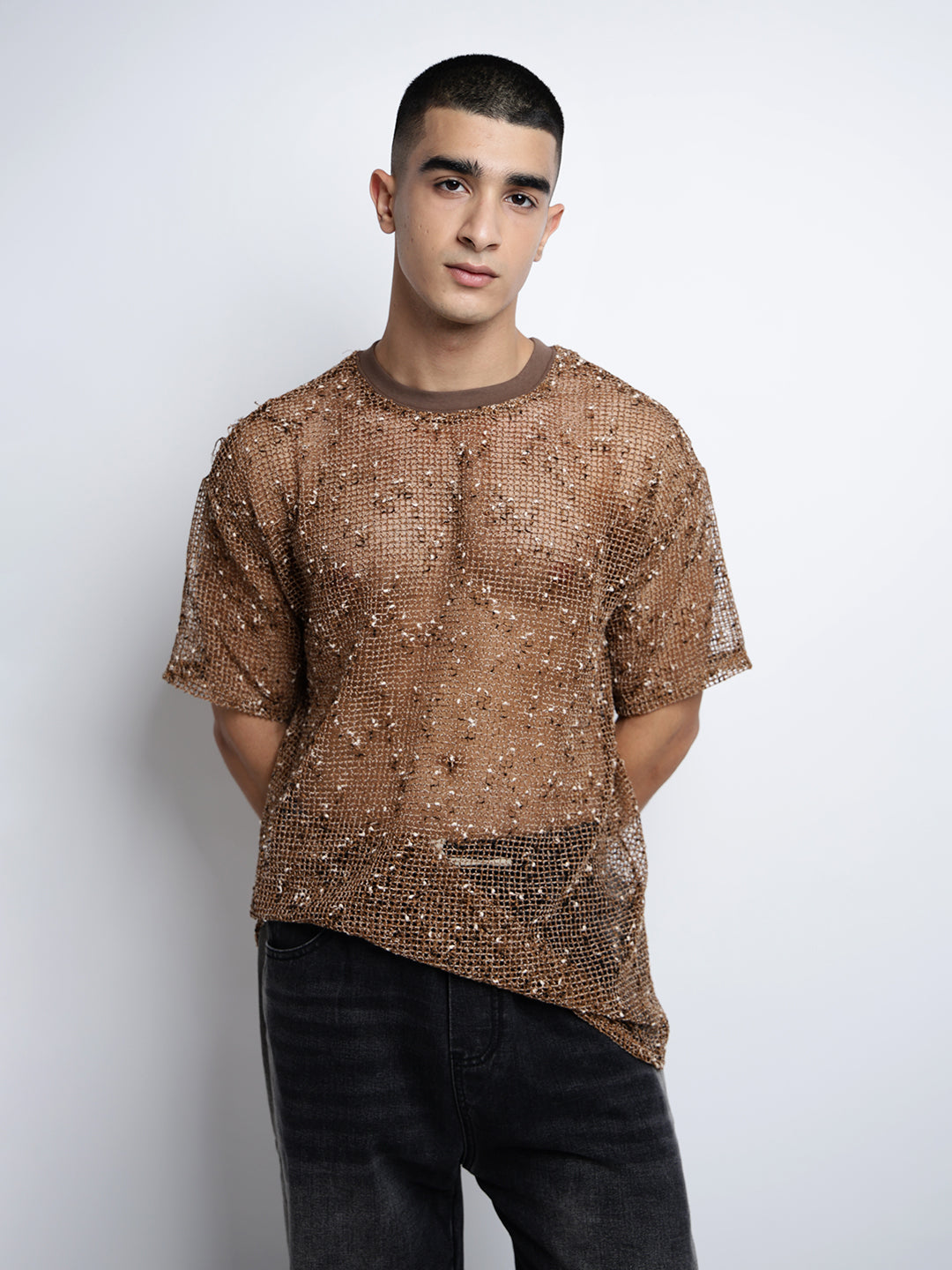 Men’s Brown Sheer Round Neck Mesh T-Shirt