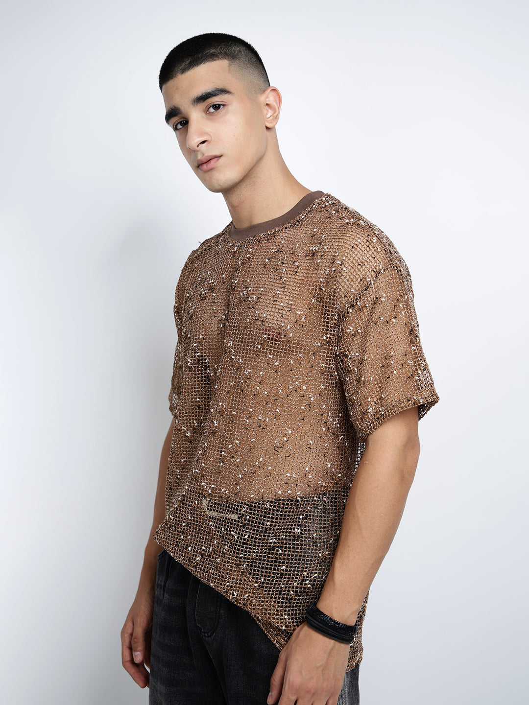 Men’s Brown Sheer Round Neck Mesh T-Shirt