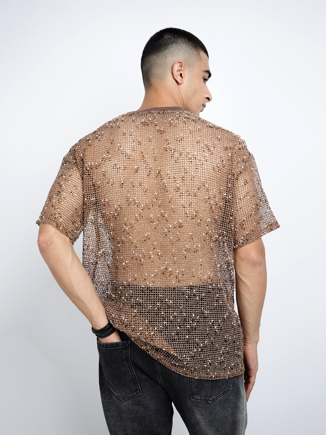 Men’s Brown Sheer Round Neck Mesh T-Shirt