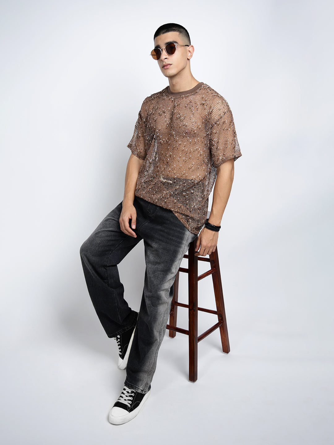 Men’s Brown Sheer Round Neck Mesh T-Shirt