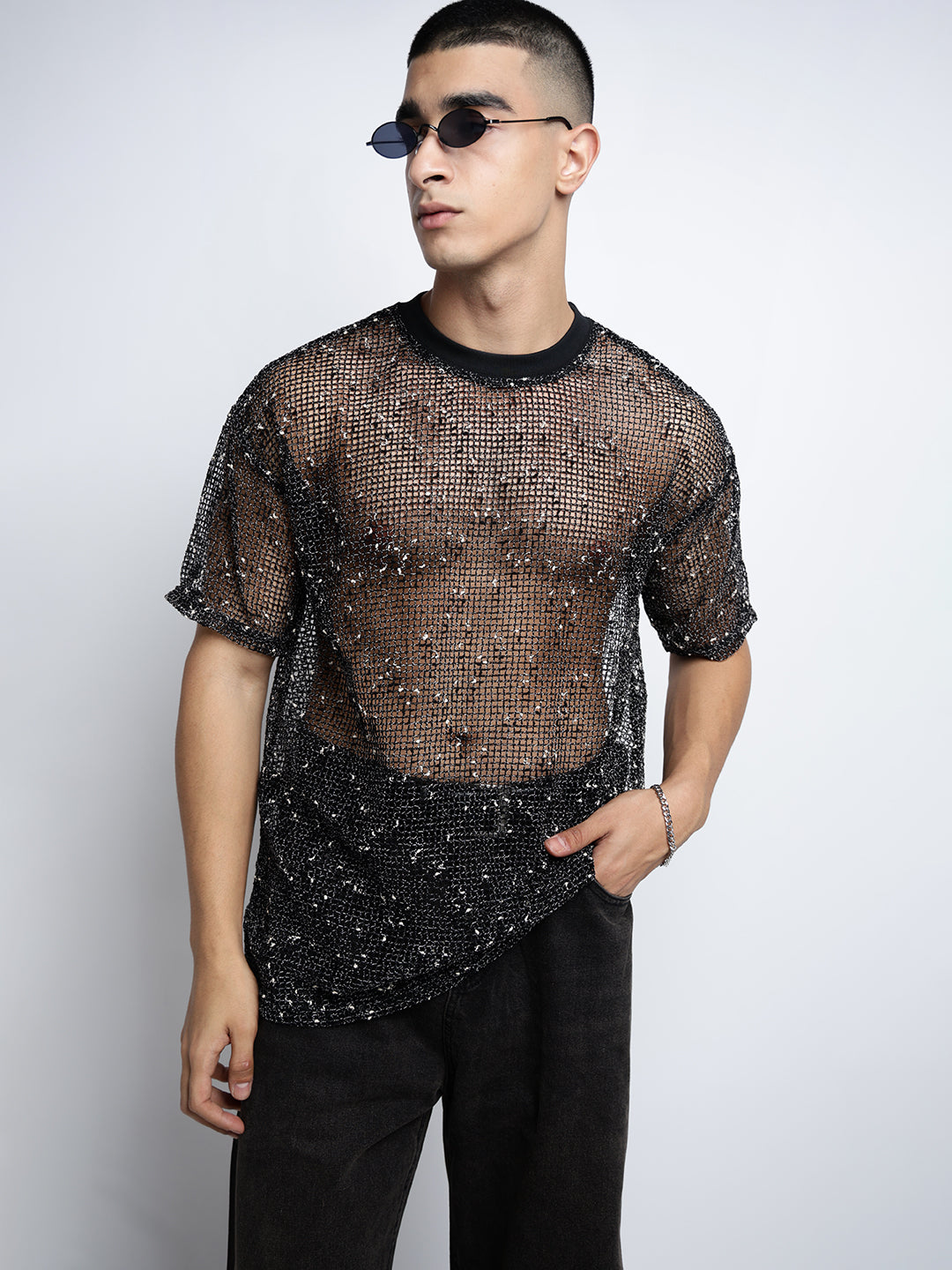 Men's Black Sheer Round Neck Mesh T-Shirt