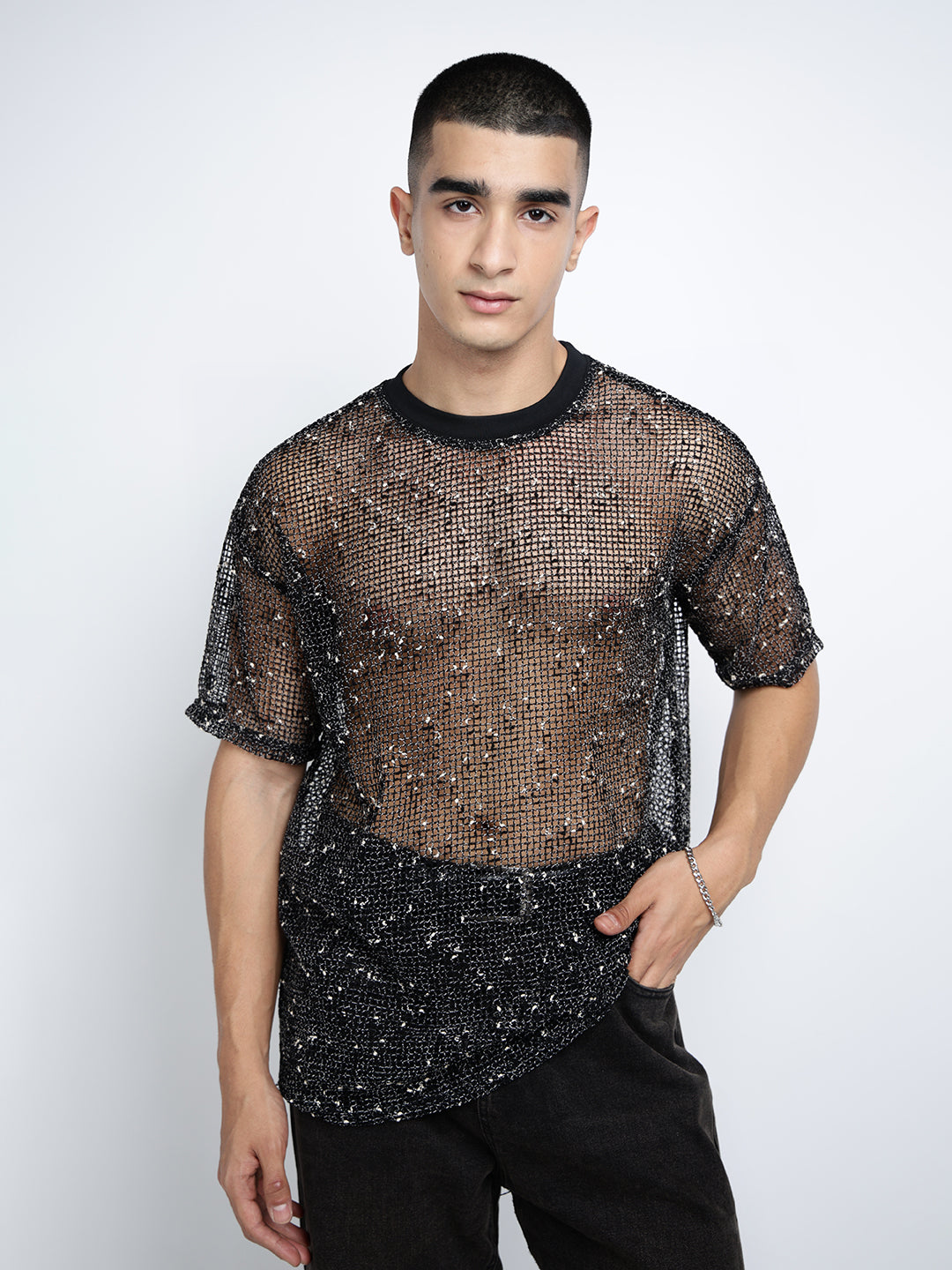 Men's Black Sheer Round Neck Mesh T-Shirt