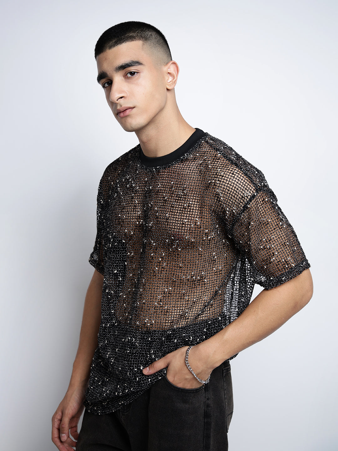 Men's Black Sheer Round Neck Mesh T-Shirt