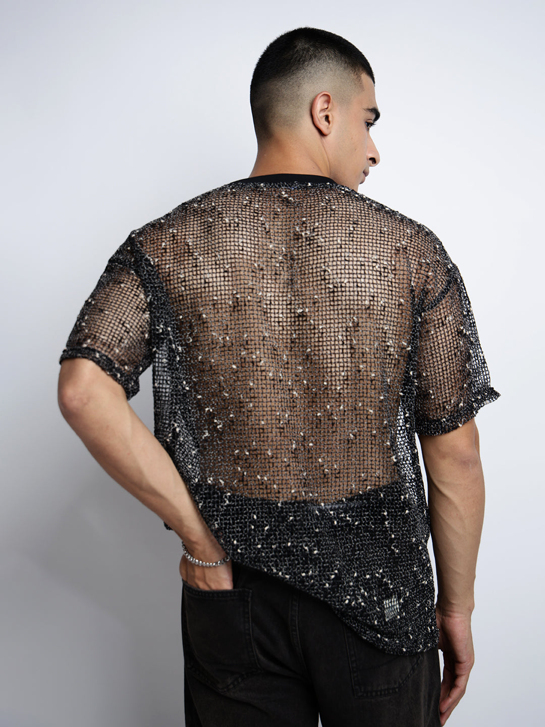 Men's Black Sheer Round Neck Mesh T-Shirt