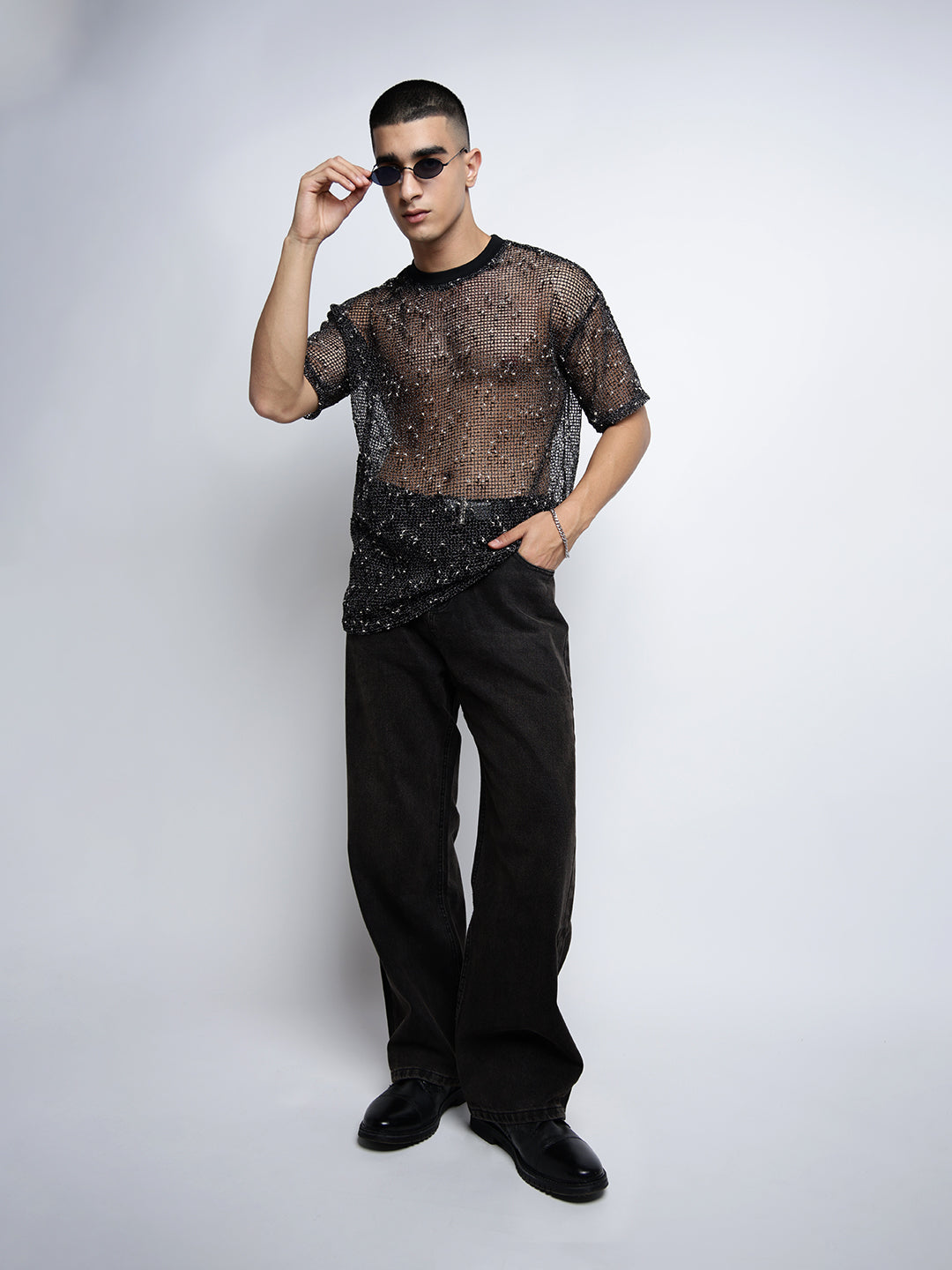 Men's Black Sheer Round Neck Mesh T-Shirt