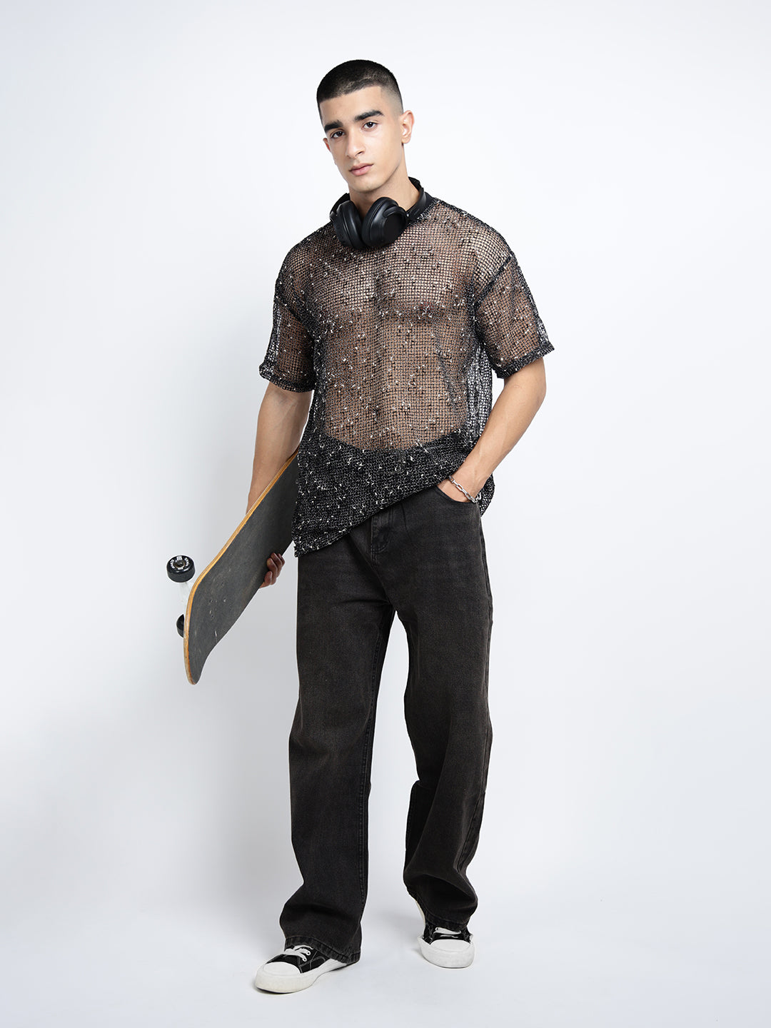 Men's Black Sheer Round Neck Mesh T-Shirt