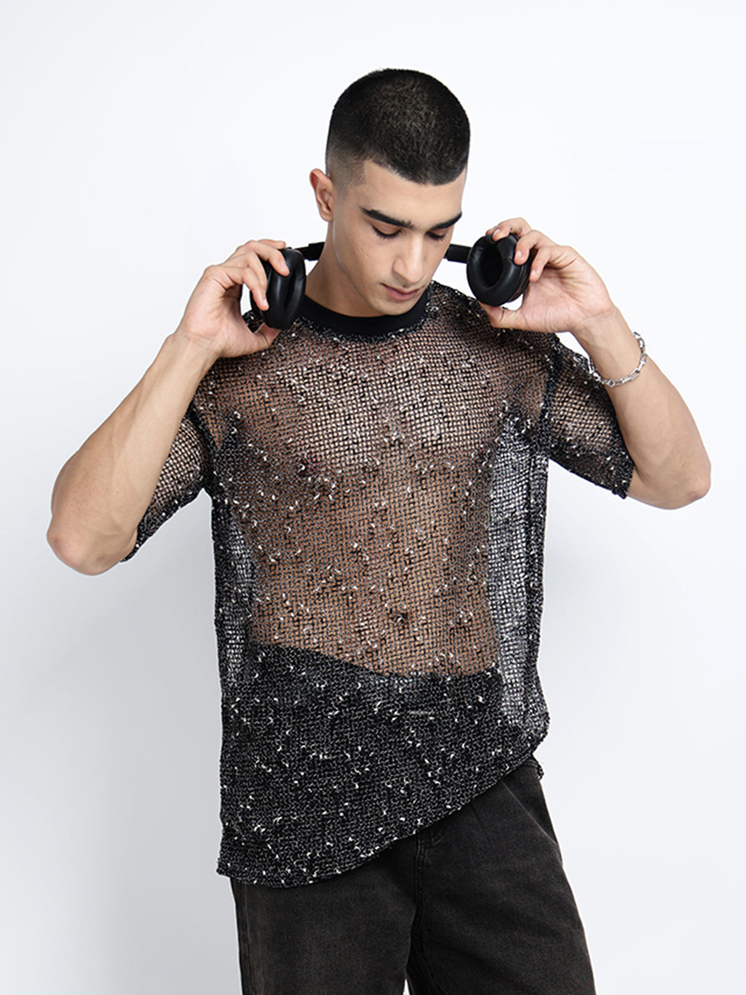 Men's Black Sheer Round Neck Mesh T-Shirt