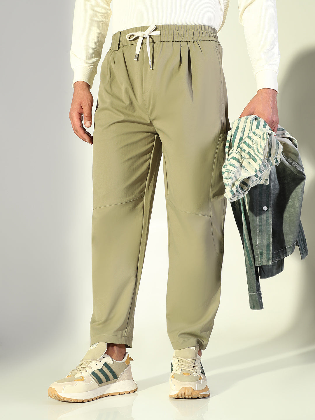 Men Olive Solid Korean Trousers