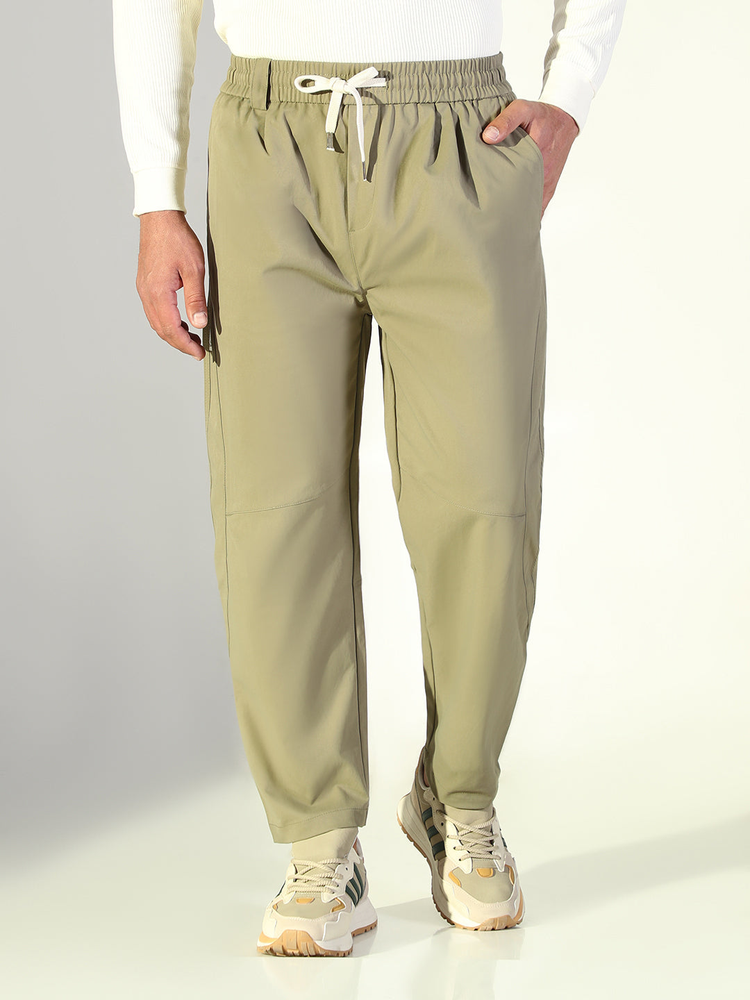 Men Olive Solid Korean Trousers