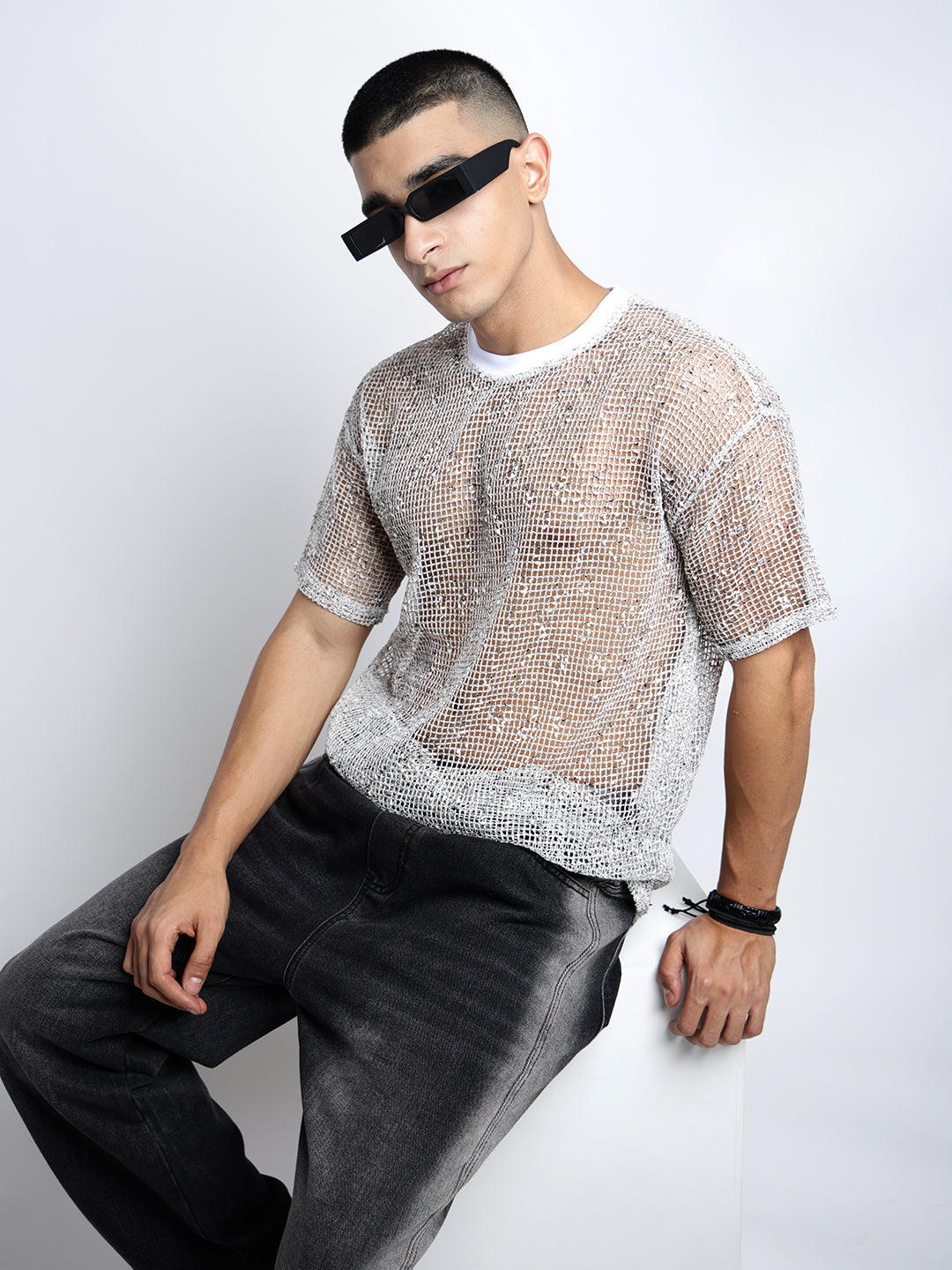 Men’s White Sheer Round Neck Mesh T-Shirt
