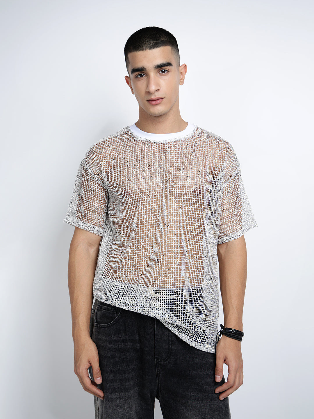 Men’s White Sheer Round Neck Mesh T-Shirt