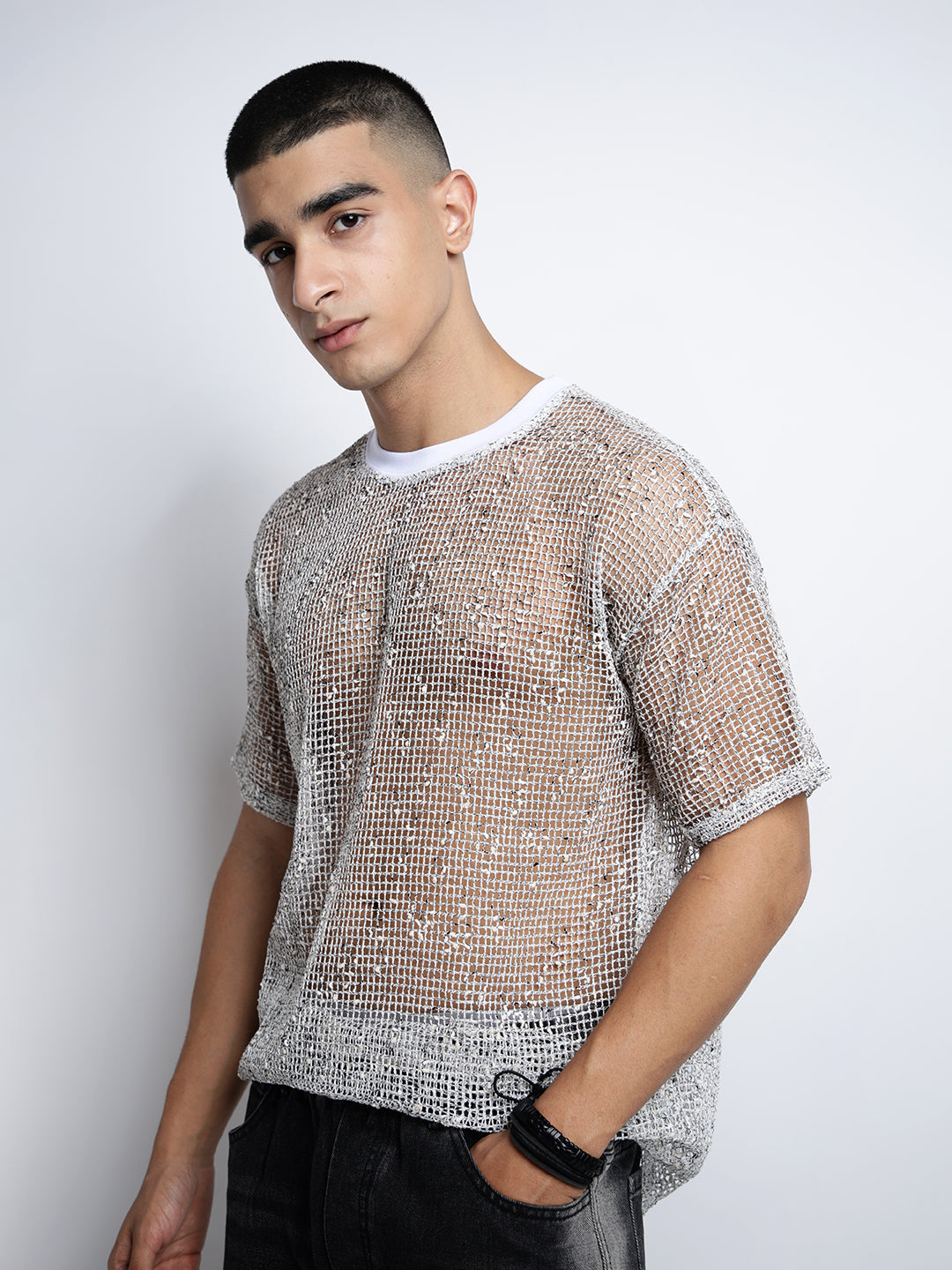 Men’s White Sheer Round Neck Mesh T-Shirt