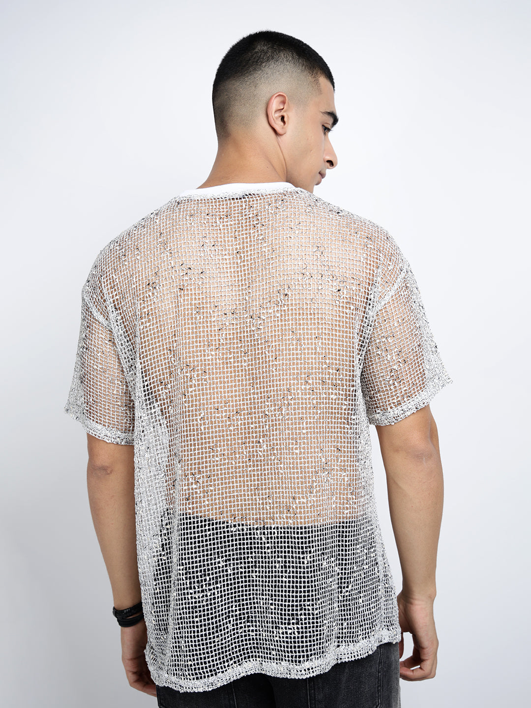 Men’s White Sheer Round Neck Mesh T-Shirt