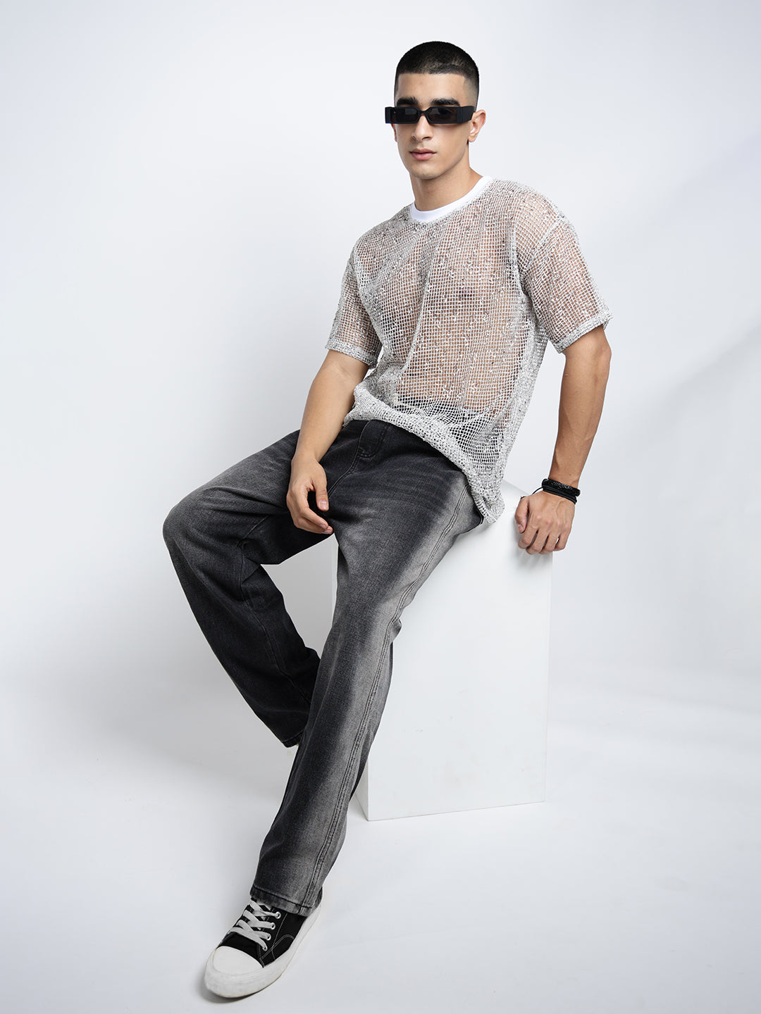 Men’s White Sheer Round Neck Mesh T-Shirt