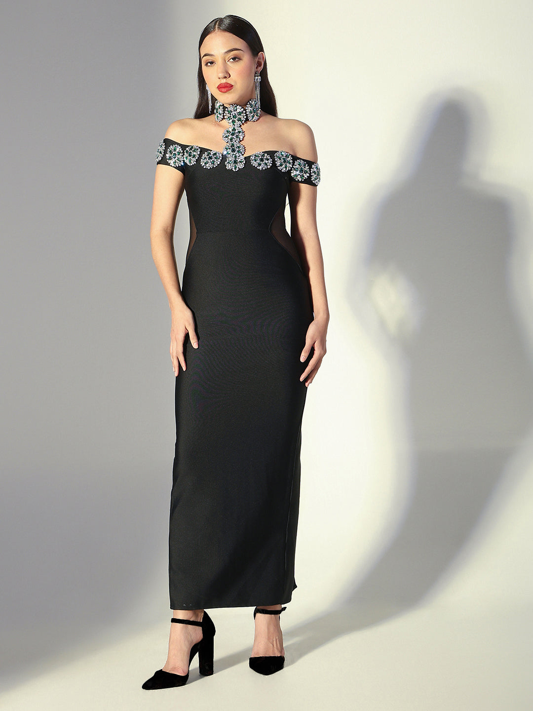 Women's Embellished Black Off-Shoulder Crystal Choker Maxi Dress