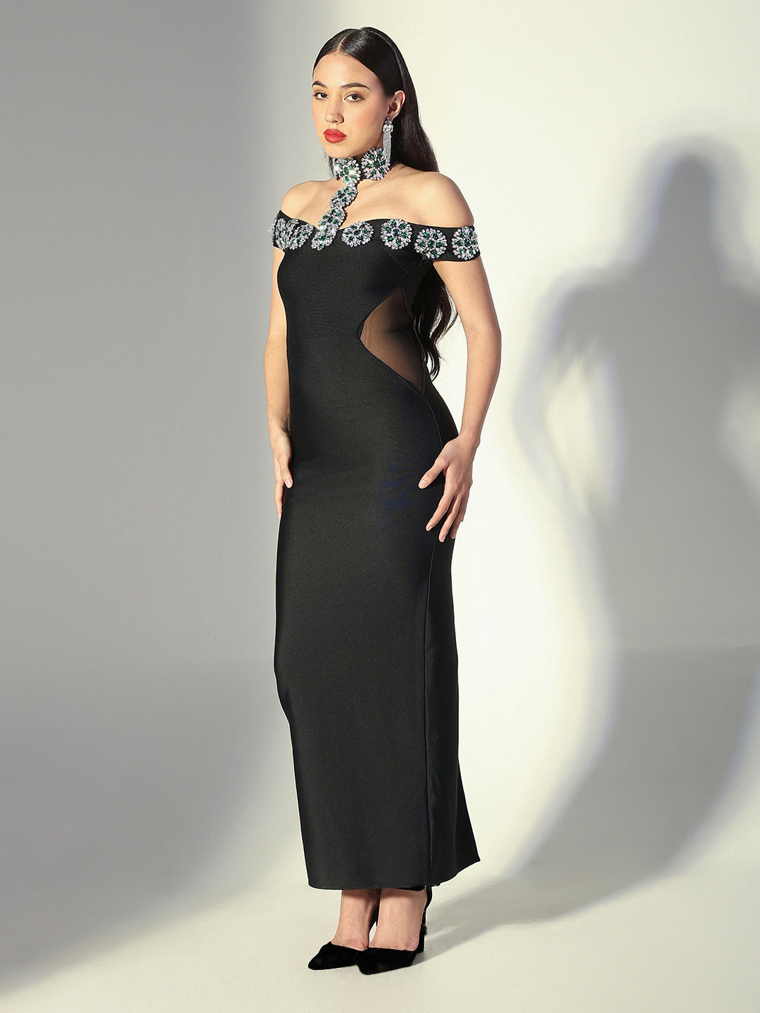 Women's Embellished Black Off-Shoulder Crystal Choker Maxi Dress